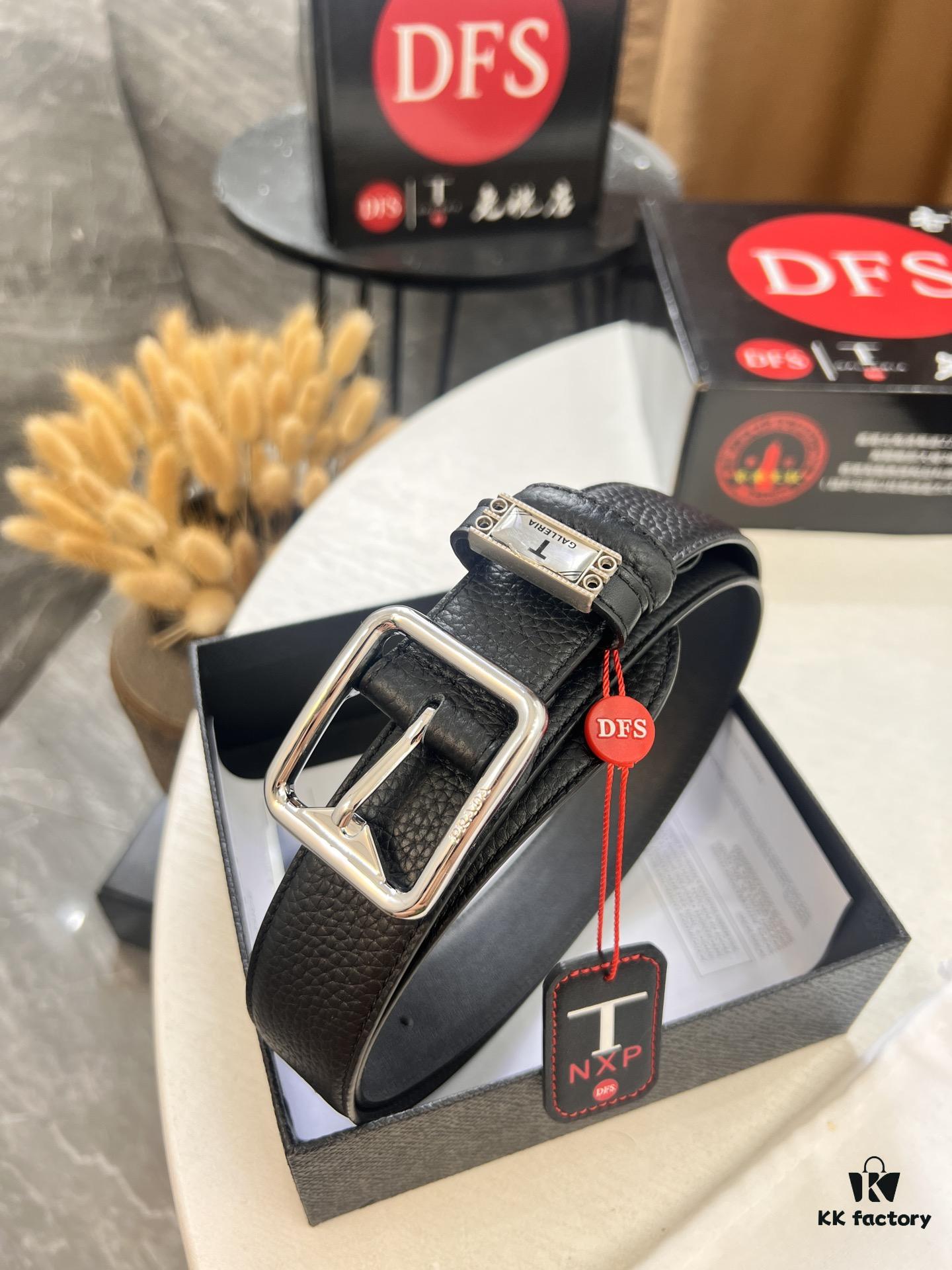 Prada Men's Belt, Double-Sided Use, Aged Rotating Hardware, 3.5cm Width, Top-Grain Imported Cowhide with Cross Texture, Dual Color, ZP Molding, NXP Anti-Counterfeit Chip