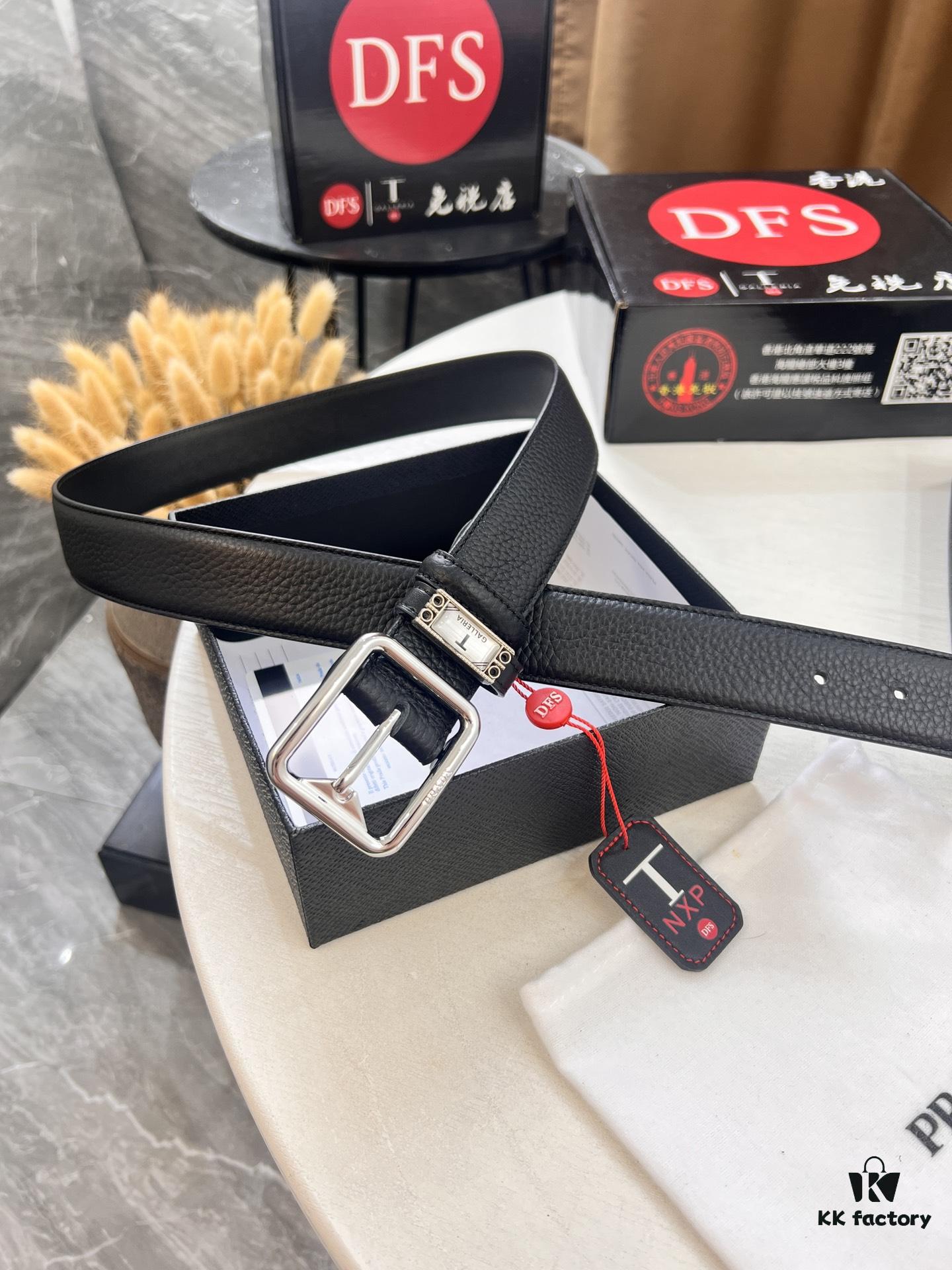 Prada Men's Belt, Double-Sided Use, Aged Rotating Hardware, 3.5cm Width, Top-Grain Imported Cowhide with Cross Texture, Dual Color, ZP Molding, NXP Anti-Counterfeit Chip