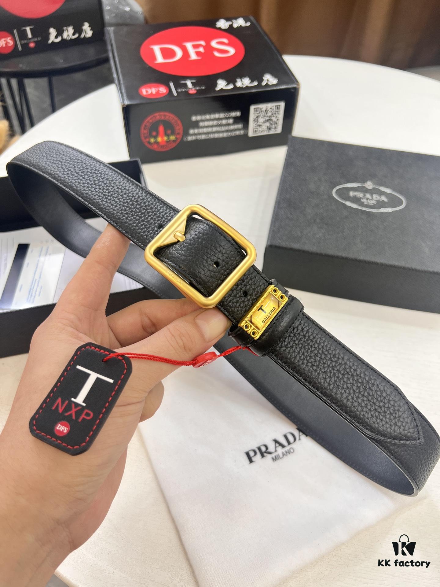 Prada Men's Belt, Double-Sided Use, Aged Rotating Hardware, 3.5cm Width, Top-Grade Imported Cross-Grain Cowhide Leather