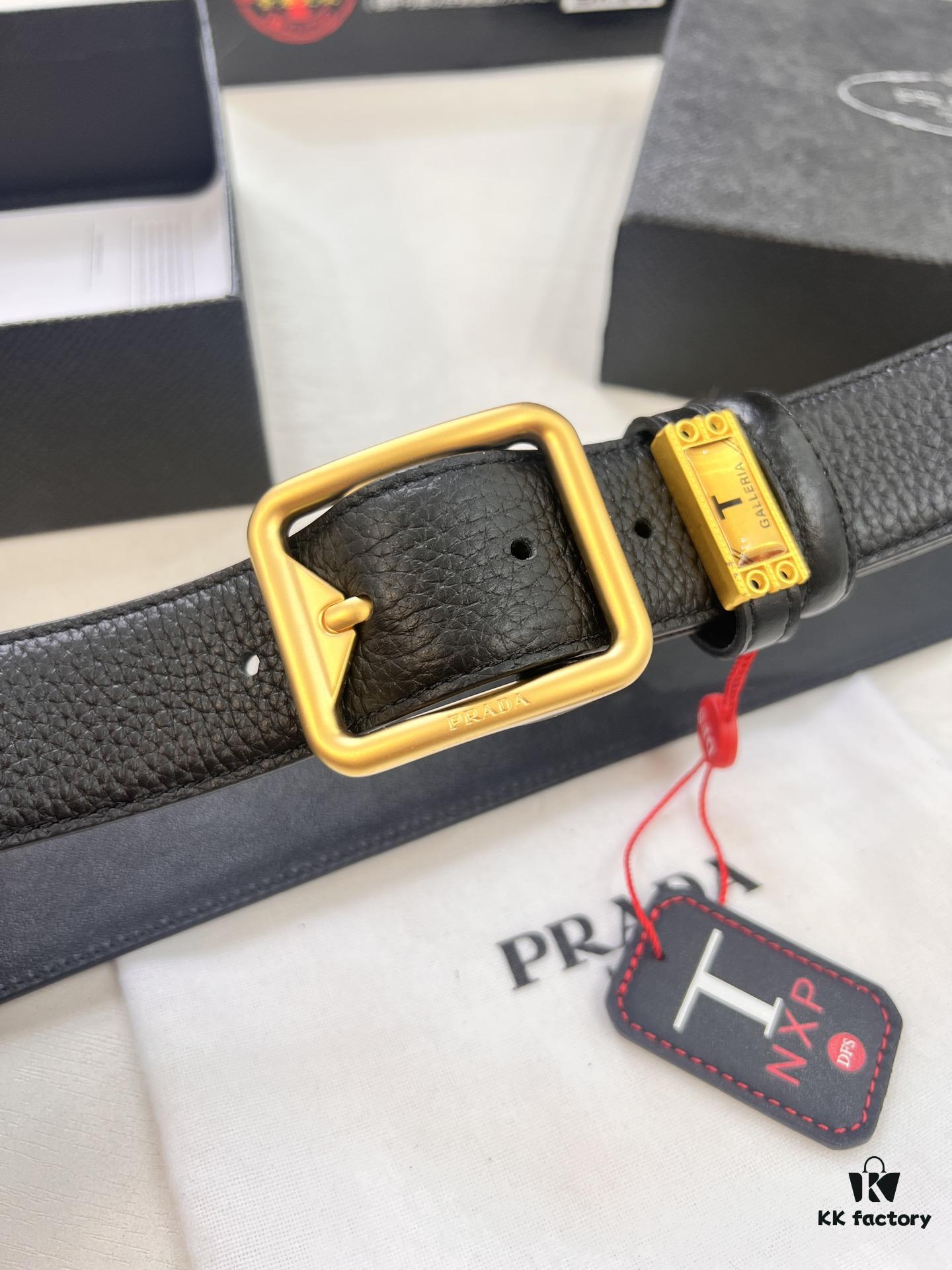 Prada Men's Belt, Double-Sided Use, Aged Rotating Hardware, 3.5cm Width, Top-Grade Imported Cross-Grain Cowhide Leather