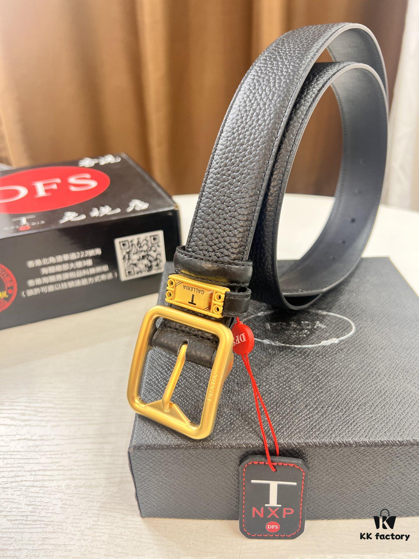 Prada Men's Belt, Double-Sided Use, Aged Rotating Hardware, 3.5cm Width, Top-Grade Imported Cross-Grain Cowhide Leather