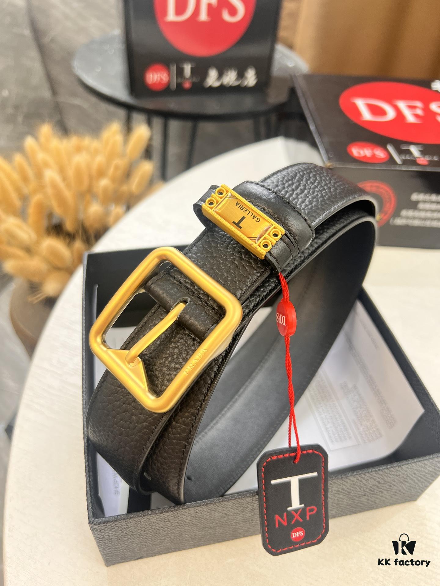 Prada Men's Belt, Double-Sided Use, Aged Rotating Hardware, 3.5cm Width, Top-Grade Imported Cross-Grain Cowhide Leather