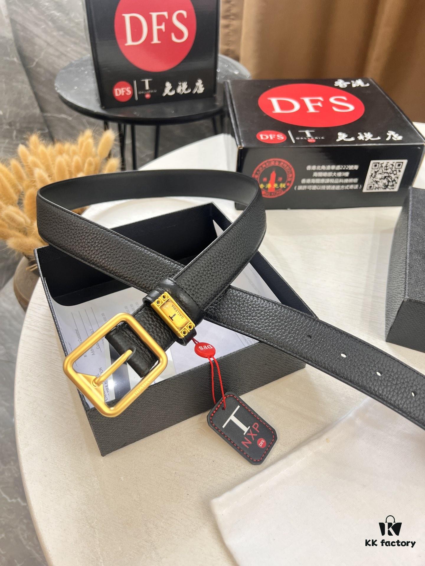 Prada Men's Belt, Double-Sided Use, Aged Rotating Hardware, 3.5cm Width, Top-Grade Imported Cross-Grain Cowhide Leather