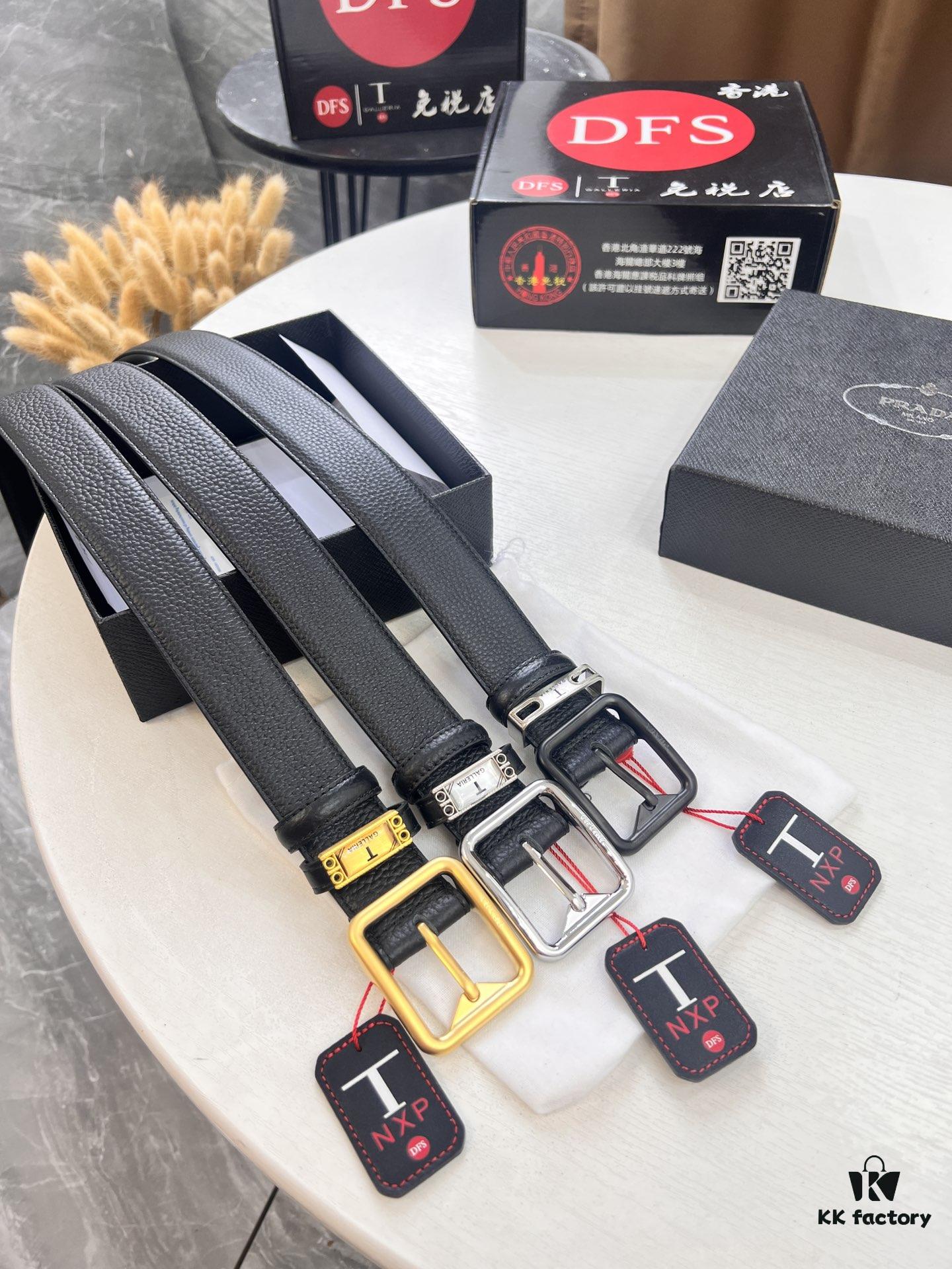 Prada Men's Belt, Double-Sided Use, Aged Rotating Hardware, 3.5cm Width, Top-Grade Imported Cross-Grain Cowhide Leather