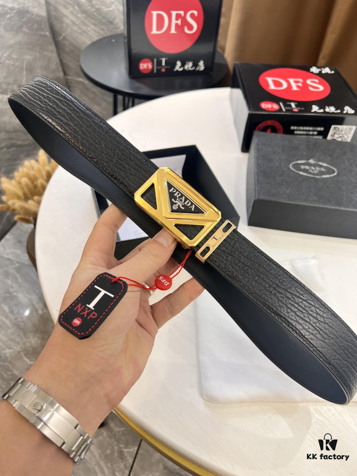 Prada Hong Kong Duty-Free Gift Box Genuine Leather Belt with Elephant Grain Calfskin and Stainless Steel Buckle