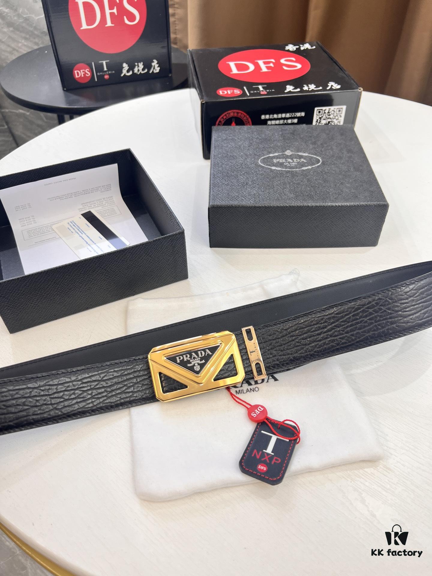 Prada Hong Kong Duty-Free Gift Box Genuine Leather Belt with Elephant Grain Calfskin and Stainless Steel Buckle