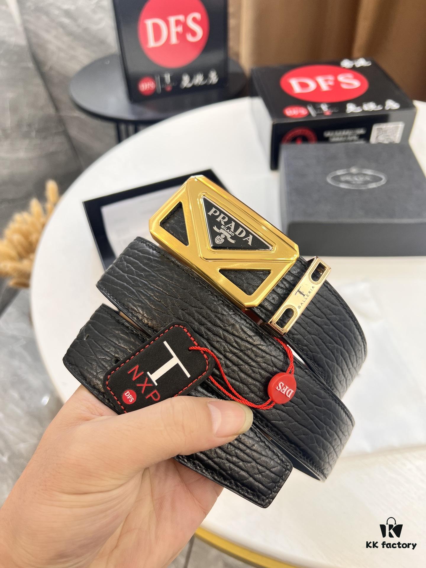 Prada Hong Kong Duty-Free Gift Box Genuine Leather Belt with Elephant Grain Calfskin and Stainless Steel Buckle