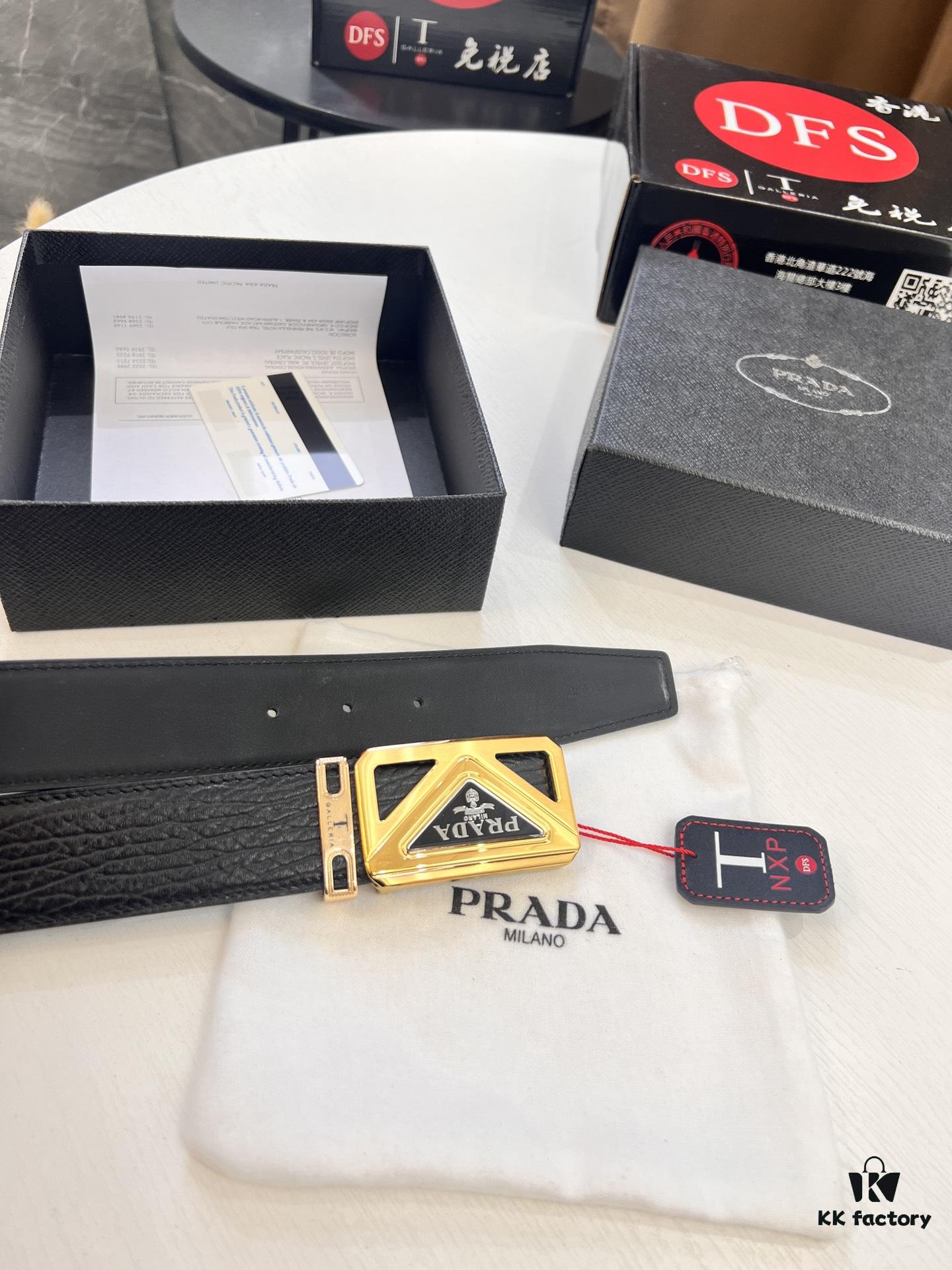 Prada Hong Kong Duty-Free Gift Box Genuine Leather Belt with Elephant Grain Calfskin and Stainless Steel Buckle