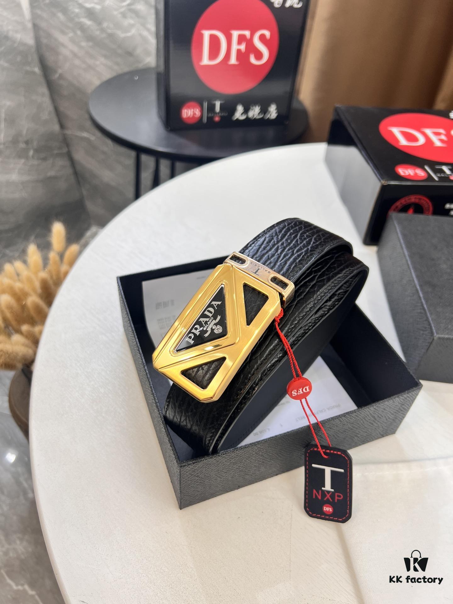 Prada Hong Kong Duty-Free Gift Box Genuine Leather Belt with Elephant Grain Calfskin and Stainless Steel Buckle