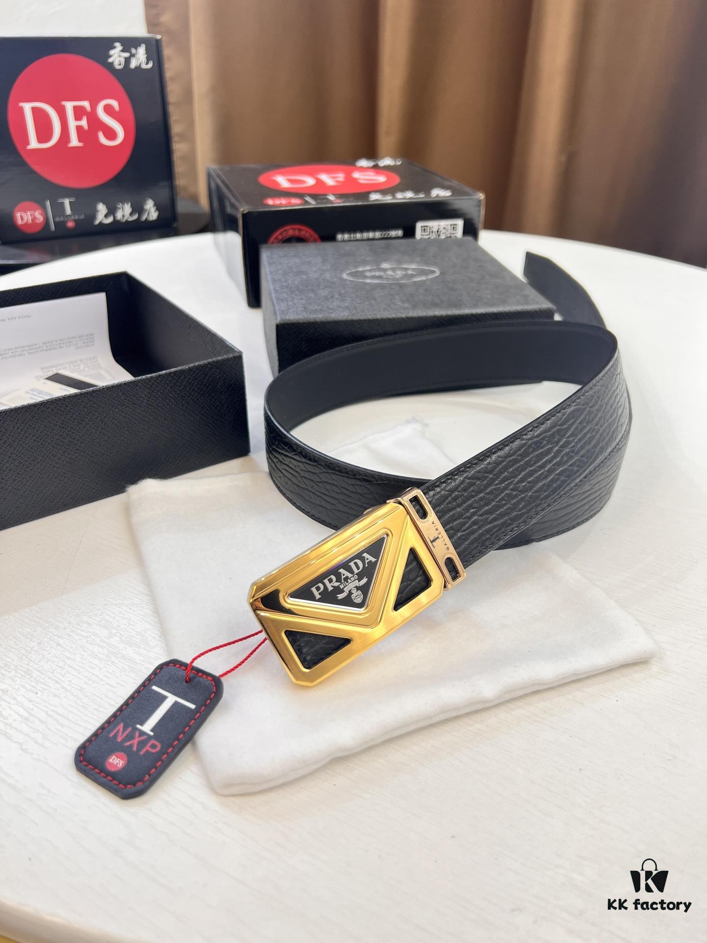 Prada Hong Kong Duty-Free Gift Box Genuine Leather Belt with Elephant Grain Calfskin and Stainless Steel Buckle