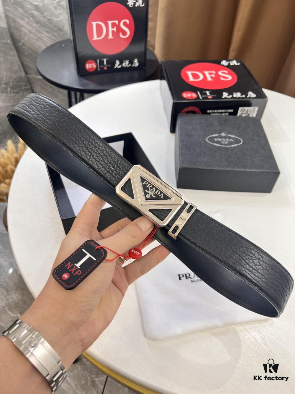 Prada Hong Kong Duty-Free Gift Box Genuine Leather Belt with Elephant Grain Calfskin and Stainless Steel Hardware