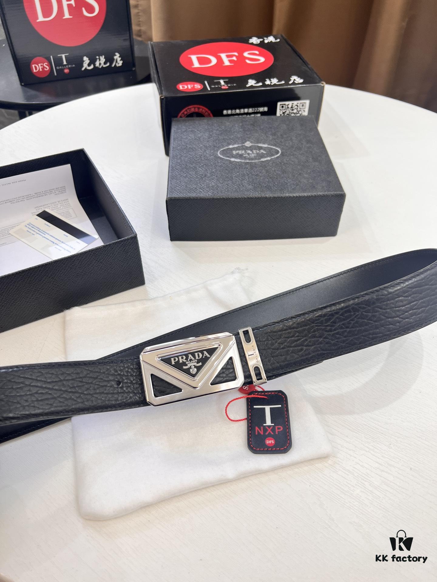 Prada Hong Kong Duty-Free Gift Box Genuine Leather Belt with Elephant Grain Calfskin and Stainless Steel Hardware