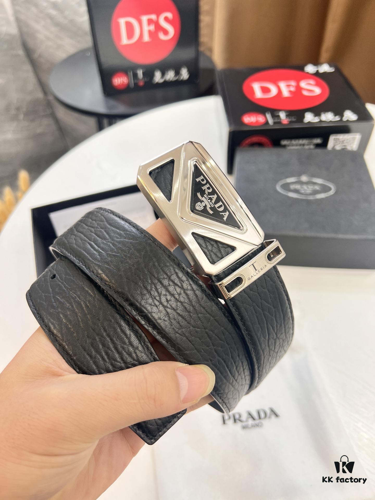 Prada Hong Kong Duty-Free Gift Box Genuine Leather Belt with Elephant Grain Calfskin and Stainless Steel Hardware