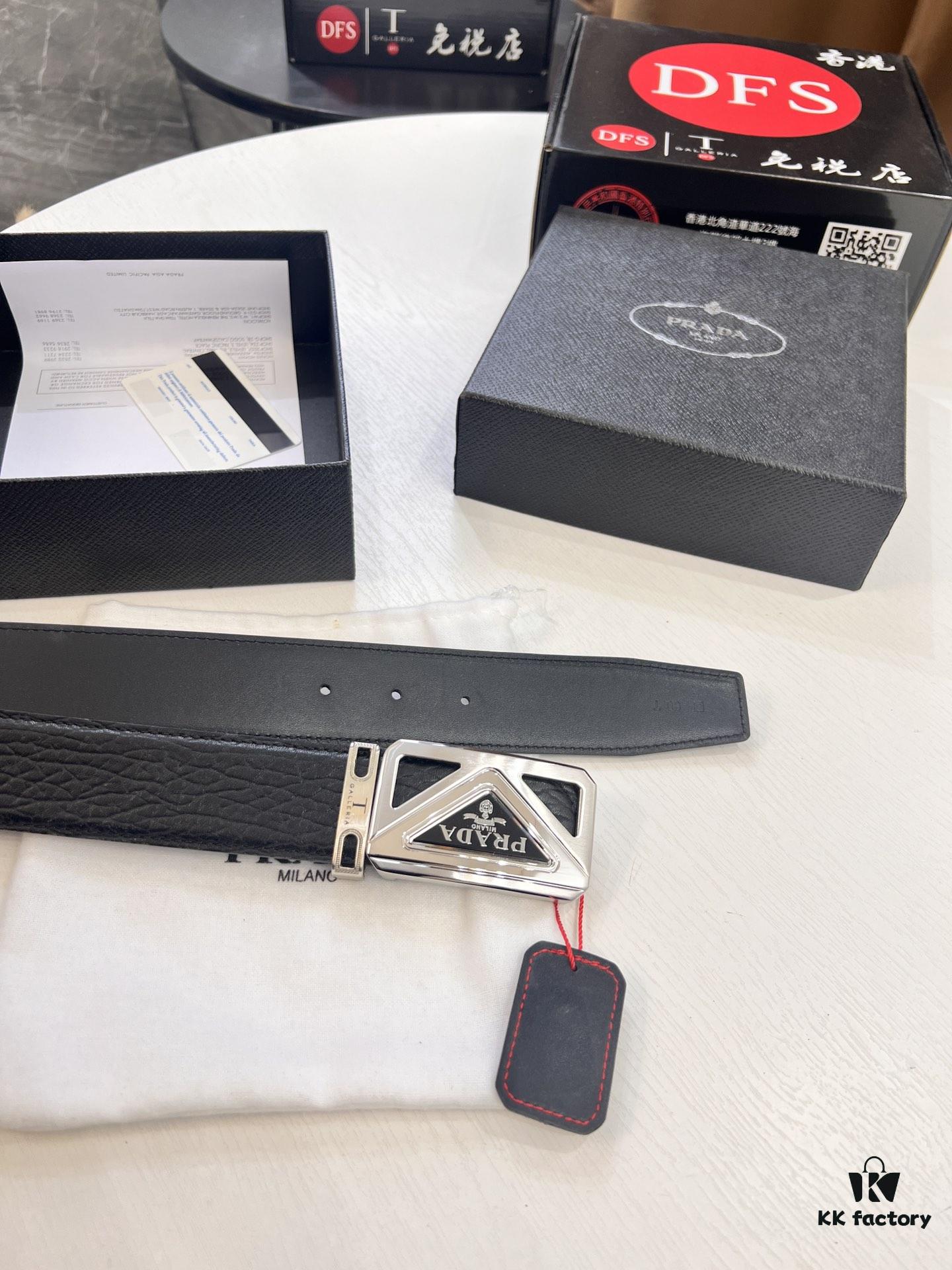 Prada Hong Kong Duty-Free Gift Box Genuine Leather Belt with Elephant Grain Calfskin and Stainless Steel Hardware