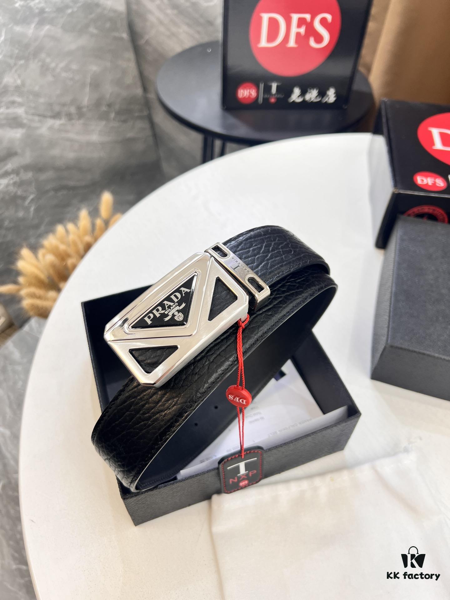 Prada Hong Kong Duty-Free Gift Box Genuine Leather Belt with Elephant Grain Calfskin and Stainless Steel Hardware