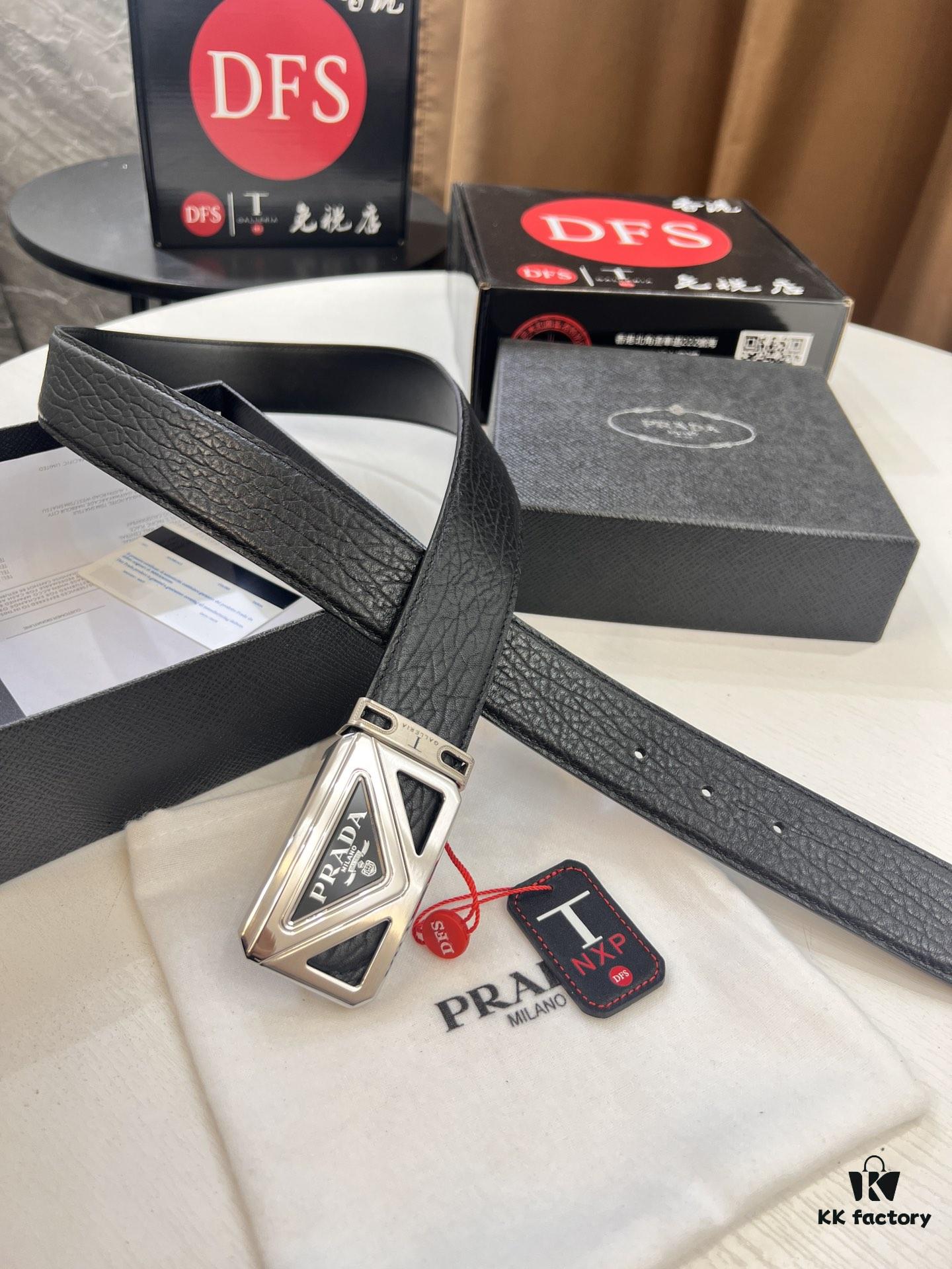 Prada Hong Kong Duty-Free Gift Box Genuine Leather Belt with Elephant Grain Calfskin and Stainless Steel Hardware