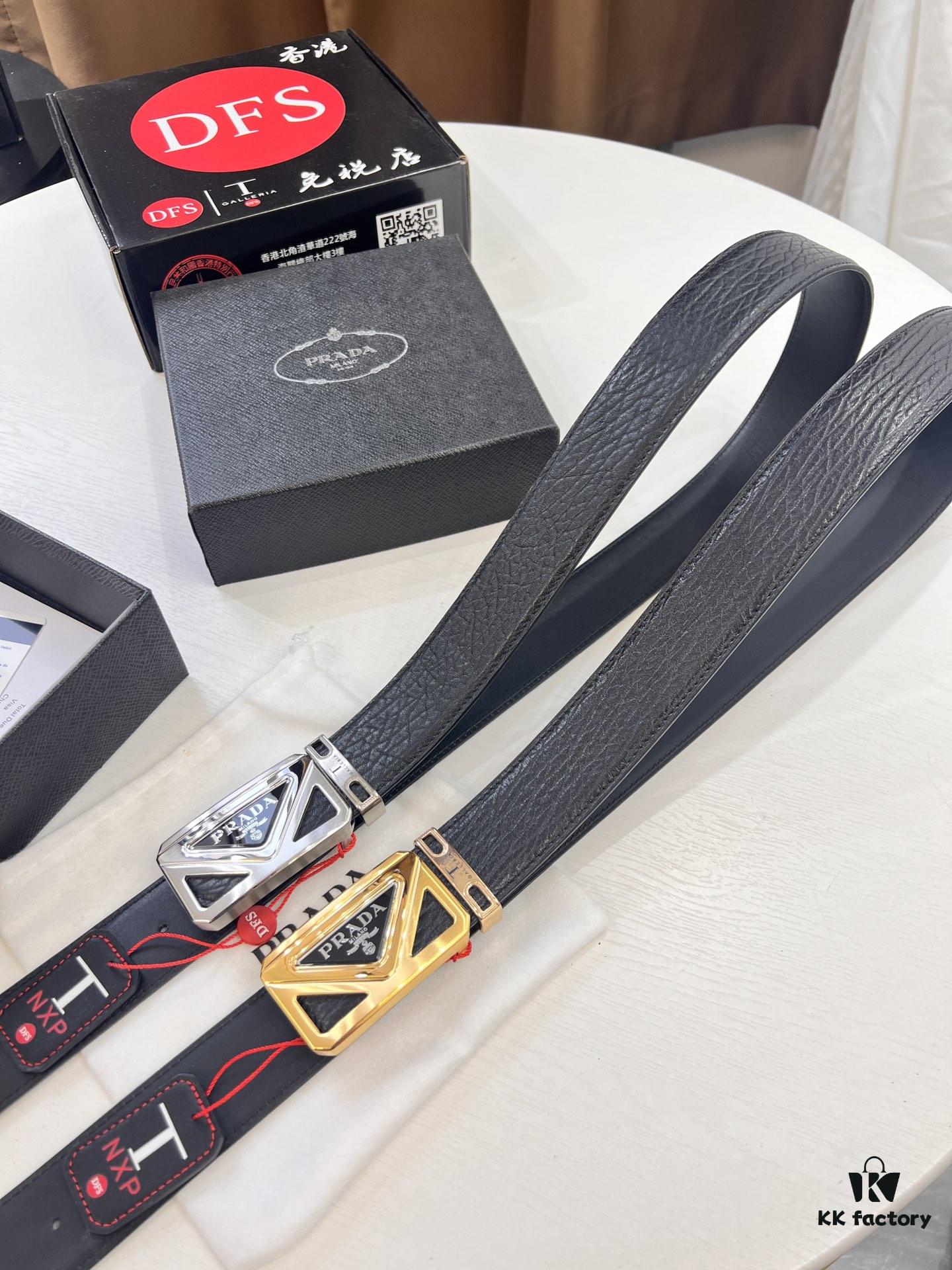 Prada Hong Kong Duty-Free Gift Box Genuine Leather Belt with Elephant Grain Calfskin and Stainless Steel Hardware
