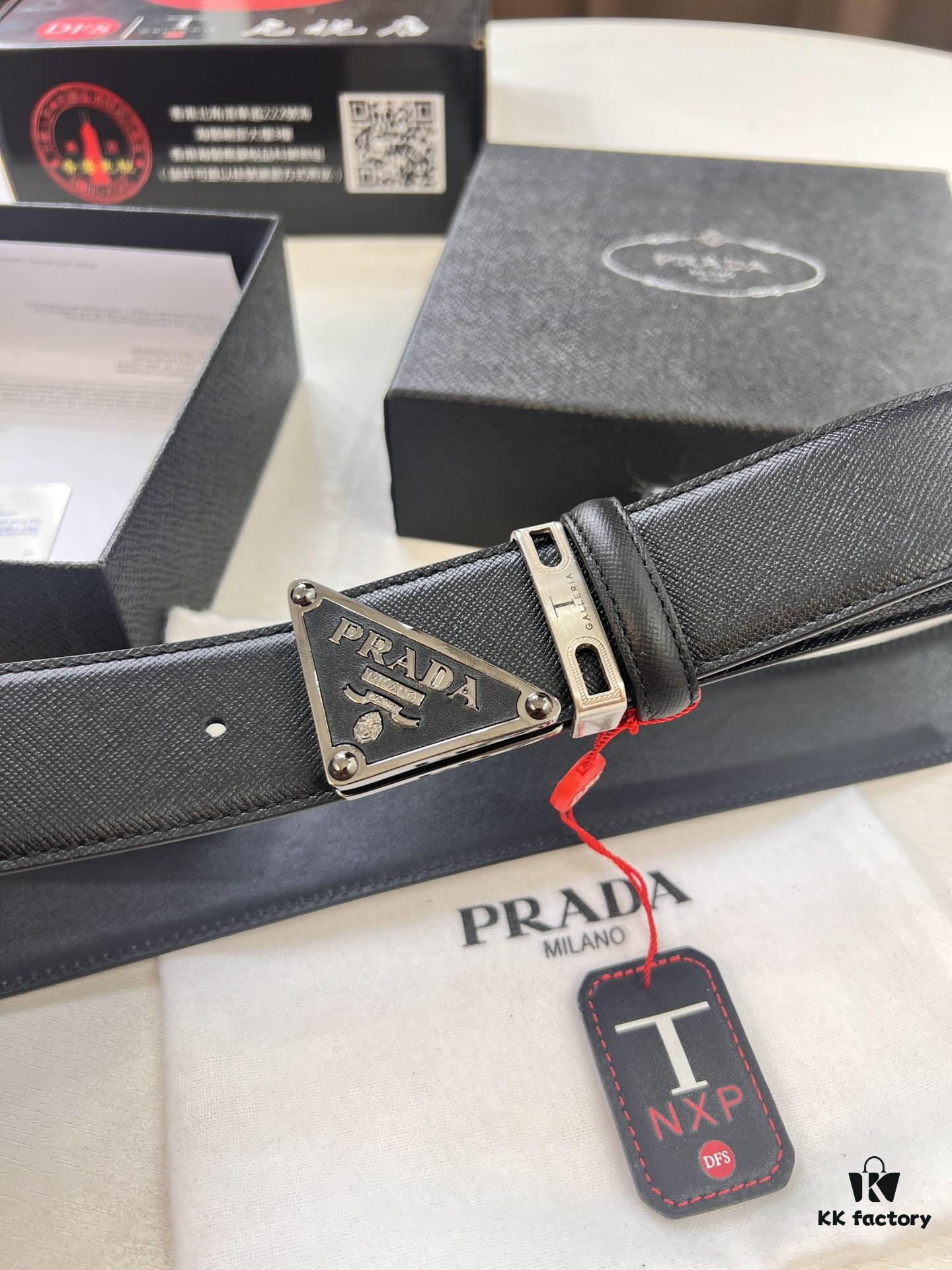 Prada Style Hong Kong Duty-Free Gift Box (NXP Tag with Anti-Counterfeit Chip, Official Website Verifiable), Square Buckle Metal Hardware, Electroplated and Polished Finish, Men's Popular Belt for Formal Wear
