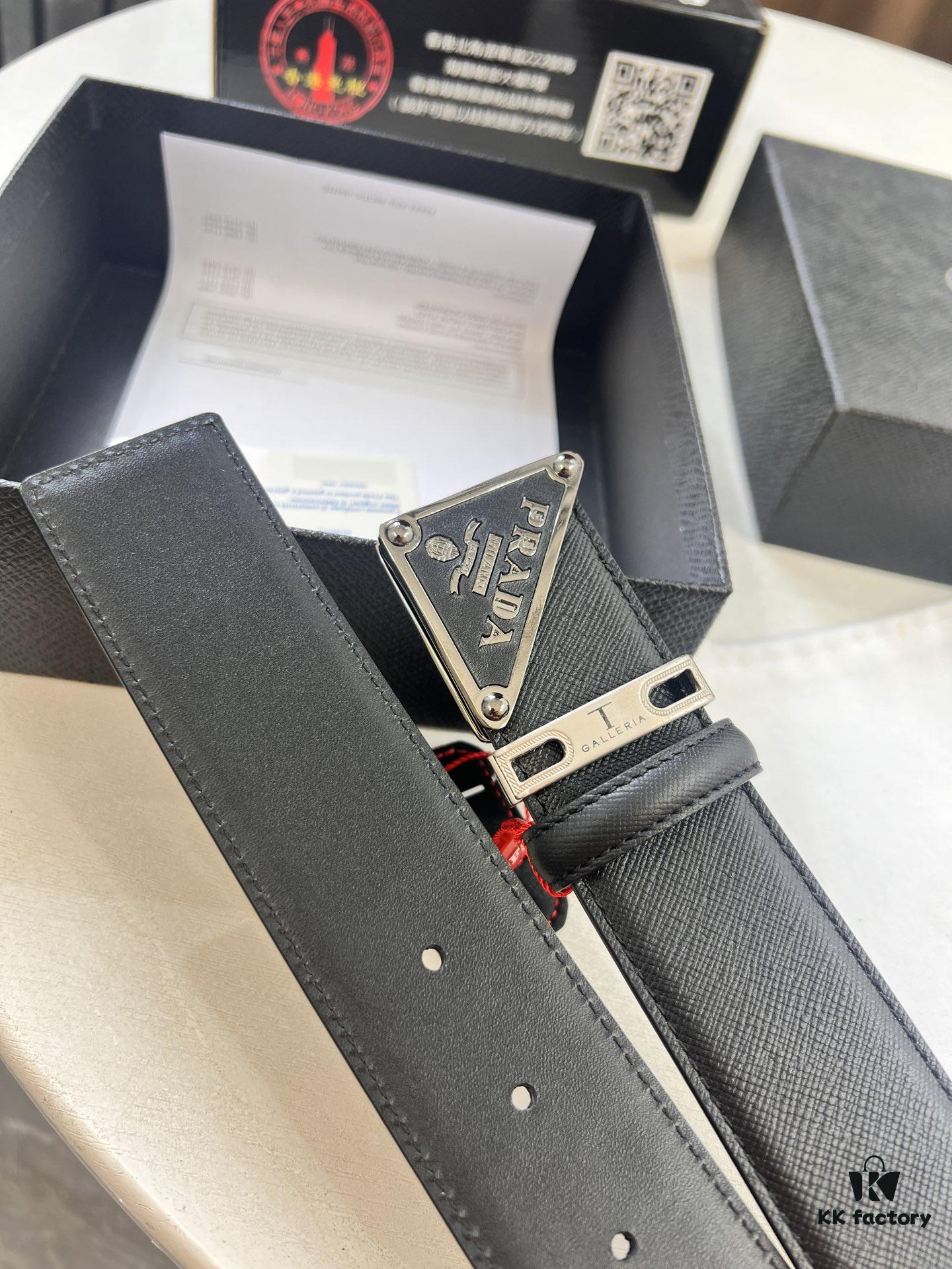 Prada Style Hong Kong Duty-Free Gift Box (NXP Tag with Anti-Counterfeit Chip, Official Website Verifiable), Square Buckle Metal Hardware, Electroplated and Polished Finish, Men's Popular Belt for Formal Wear