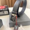 Prada Style Hong Kong Duty-Free Gift Box (NXP Tag with Anti-Counterfeit Chip, Official Website Verifiable), Square Buckle Metal Hardware, Electroplated and Polished Finish, Men's Popular Belt for Formal Wear