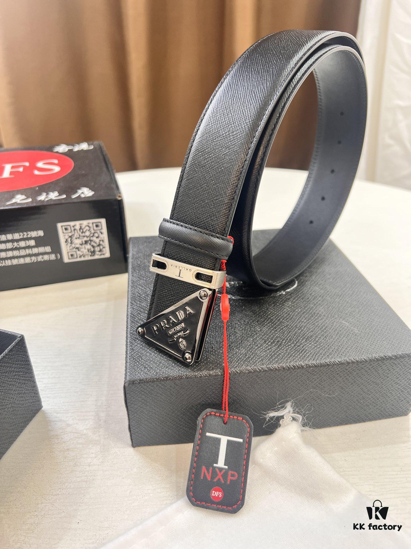 Prada Style Hong Kong Duty-Free Gift Box (NXP Tag with Anti-Counterfeit Chip, Official Website Verifiable), Square Buckle Metal Hardware, Electroplated and Polished Finish, Men's Popular Belt for Formal Wear
