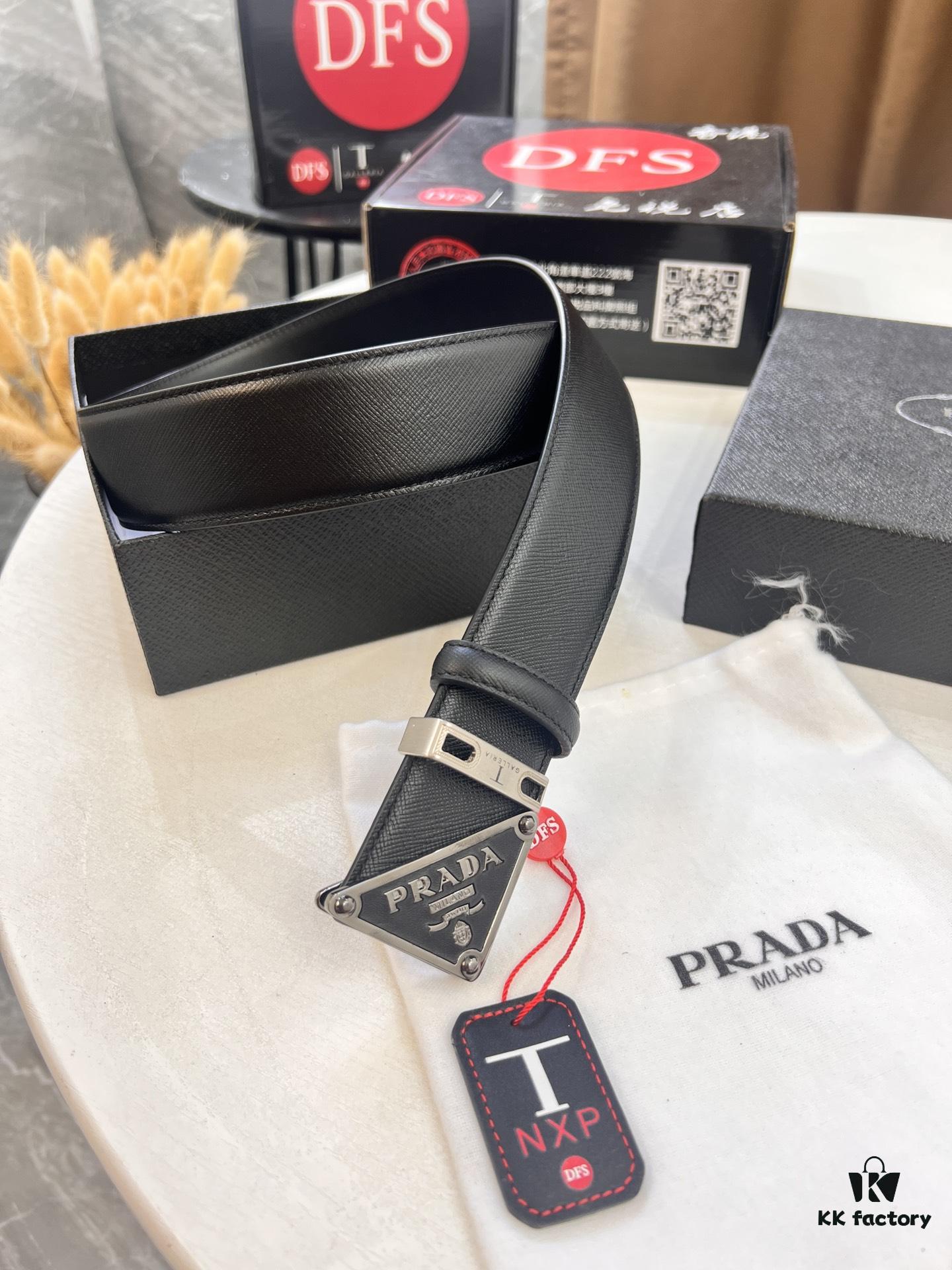 Prada Style Hong Kong Duty-Free Gift Box (NXP Tag with Anti-Counterfeit Chip, Official Website Verifiable), Square Buckle Metal Hardware, Electroplated and Polished Finish, Men's Popular Belt for Formal Wear