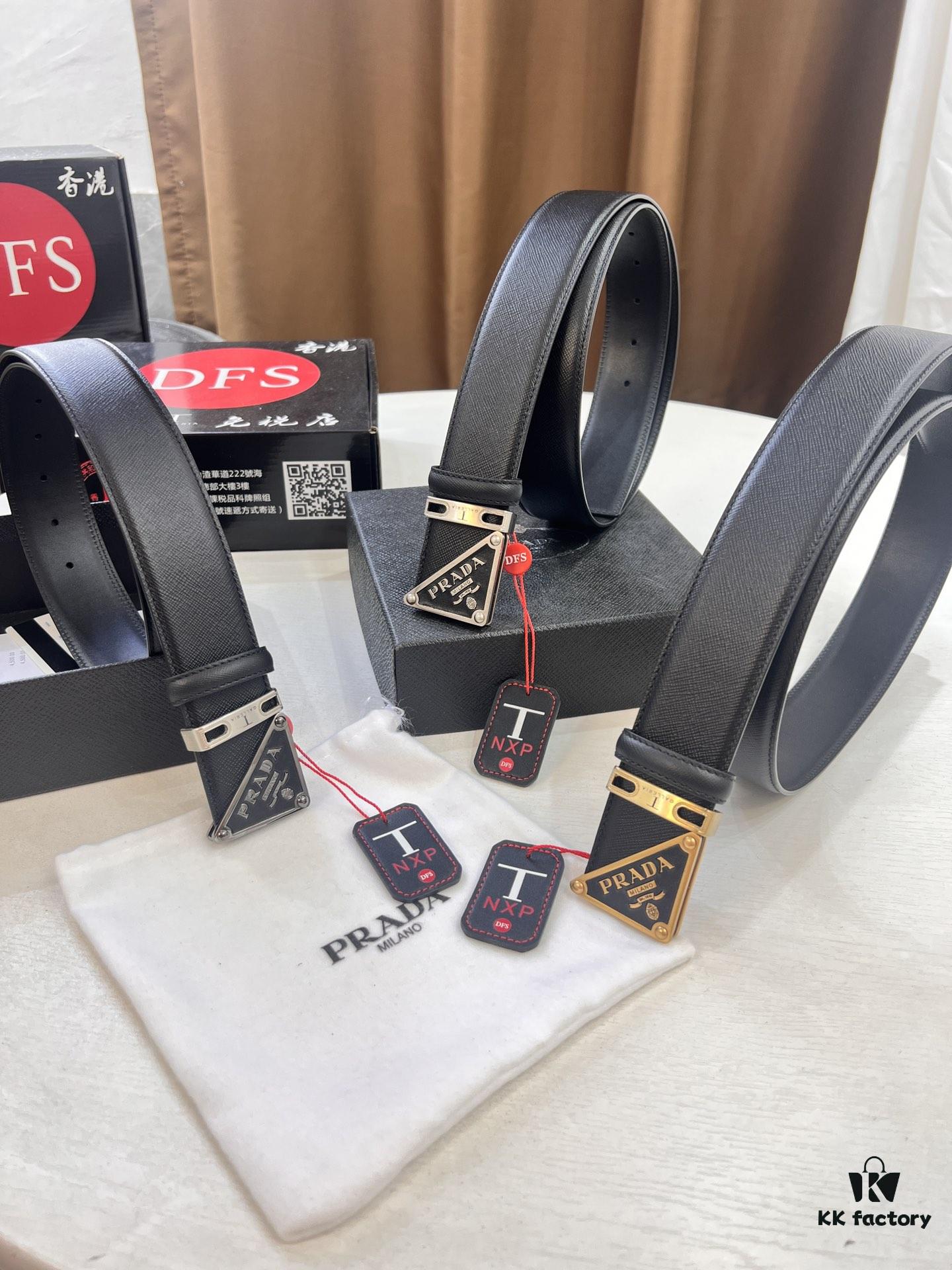 Prada Style Hong Kong Duty-Free Gift Box (NXP Tag with Anti-Counterfeit Chip, Official Website Verifiable), Square Buckle Metal Hardware, Electroplated and Polished Finish, Men's Popular Belt for Formal Wear