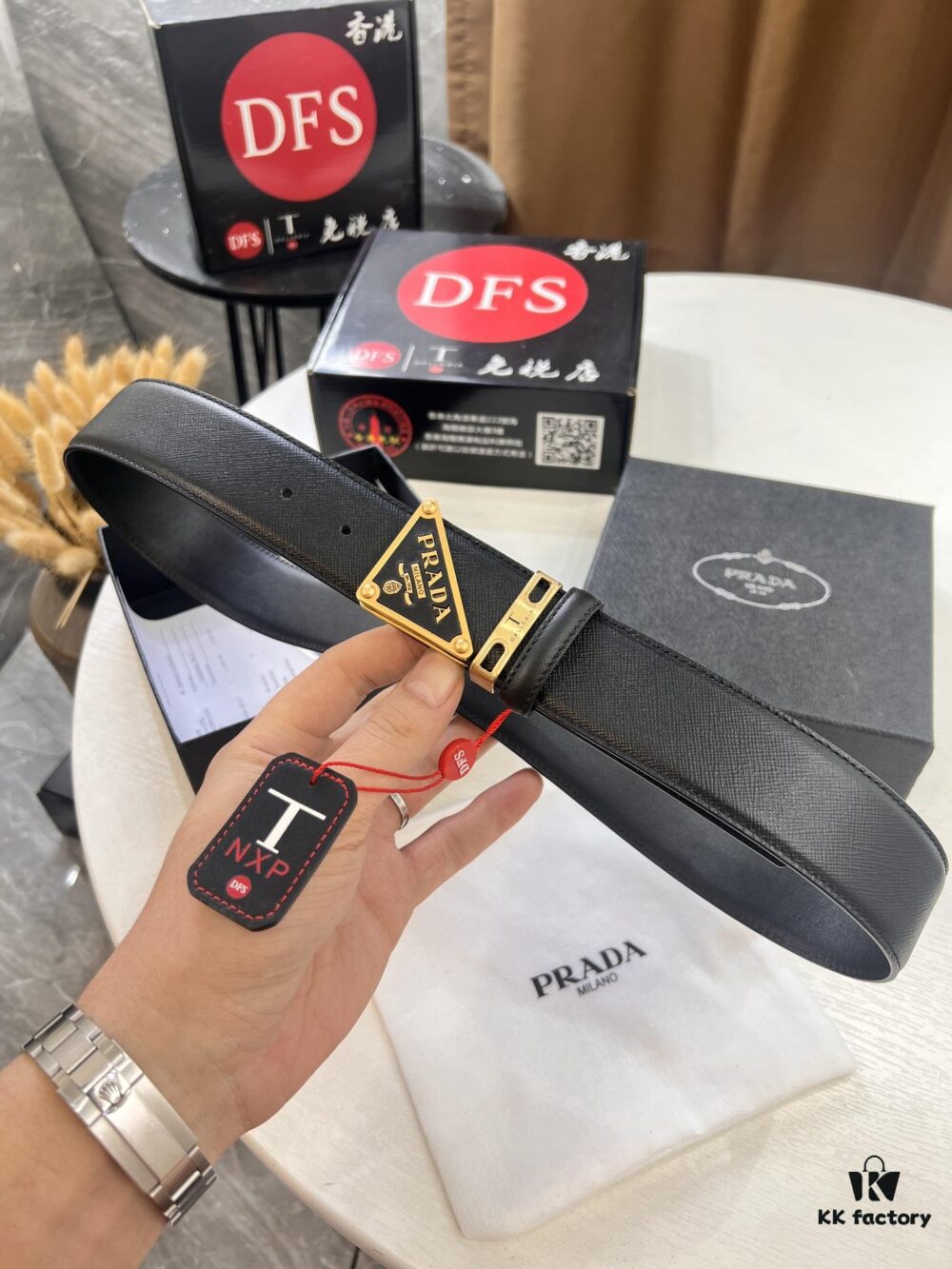 Prada Style Hong Kong Duty-Free Gift Box Leather Belt - Cross-Grain Calfskin with NXP Anti-Counterfeit Chip, Polished Metal Buckle, 3.5cm Width