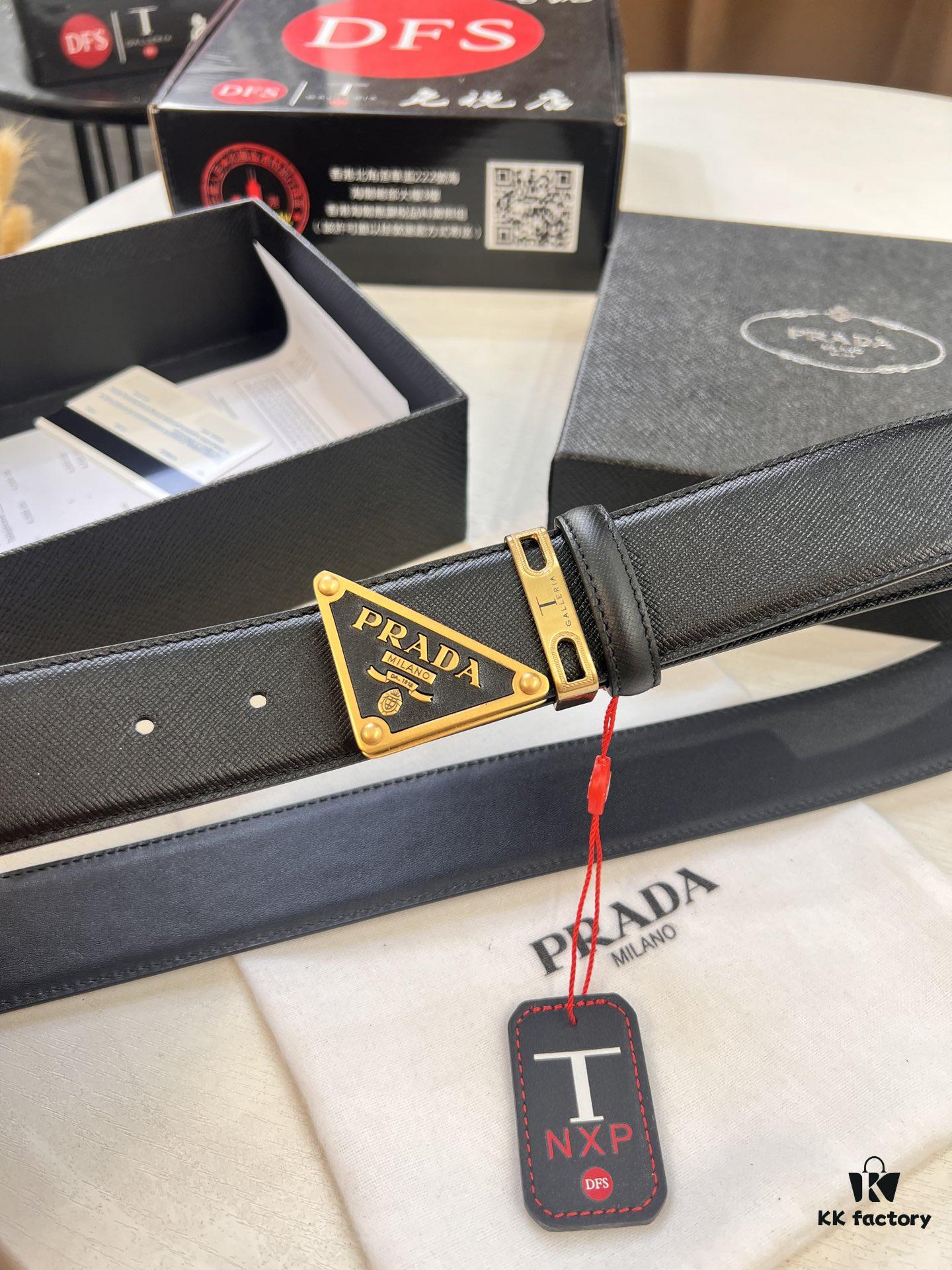 Prada Style Hong Kong Duty-Free Gift Box Leather Belt - Cross-Grain Calfskin with NXP Anti-Counterfeit Chip, Polished Metal Buckle, 3.5cm Width