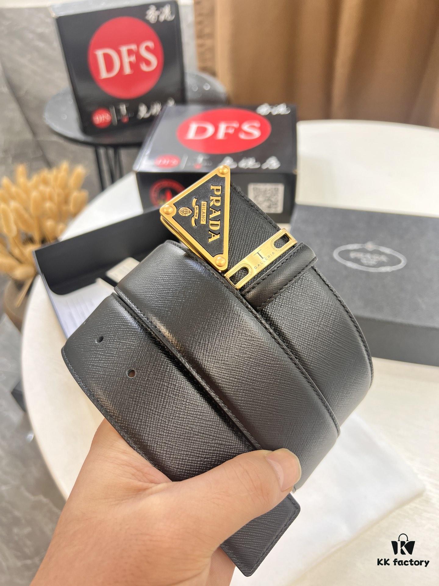 Prada Style Hong Kong Duty-Free Gift Box Leather Belt - Cross-Grain Calfskin with NXP Anti-Counterfeit Chip, Polished Metal Buckle, 3.5cm Width