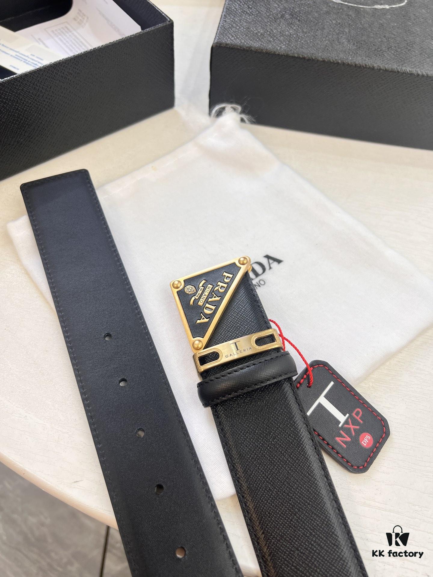 Prada Style Hong Kong Duty-Free Gift Box Leather Belt - Cross-Grain Calfskin with NXP Anti-Counterfeit Chip, Polished Metal Buckle, 3.5cm Width
