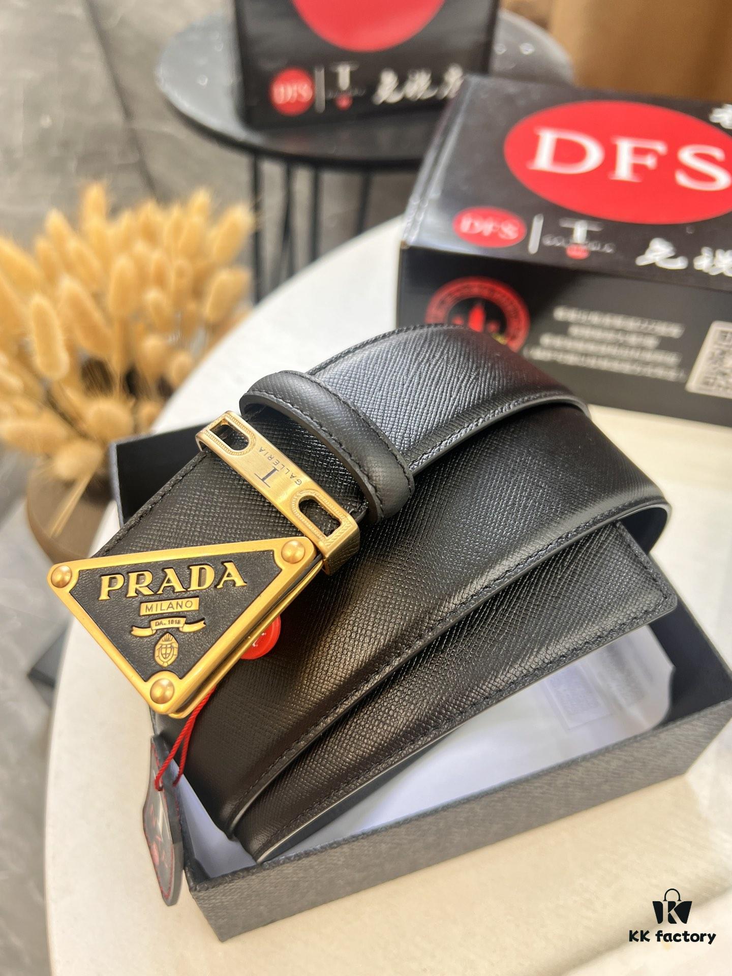 Prada Style Hong Kong Duty-Free Gift Box Leather Belt - Cross-Grain Calfskin with NXP Anti-Counterfeit Chip, Polished Metal Buckle, 3.5cm Width