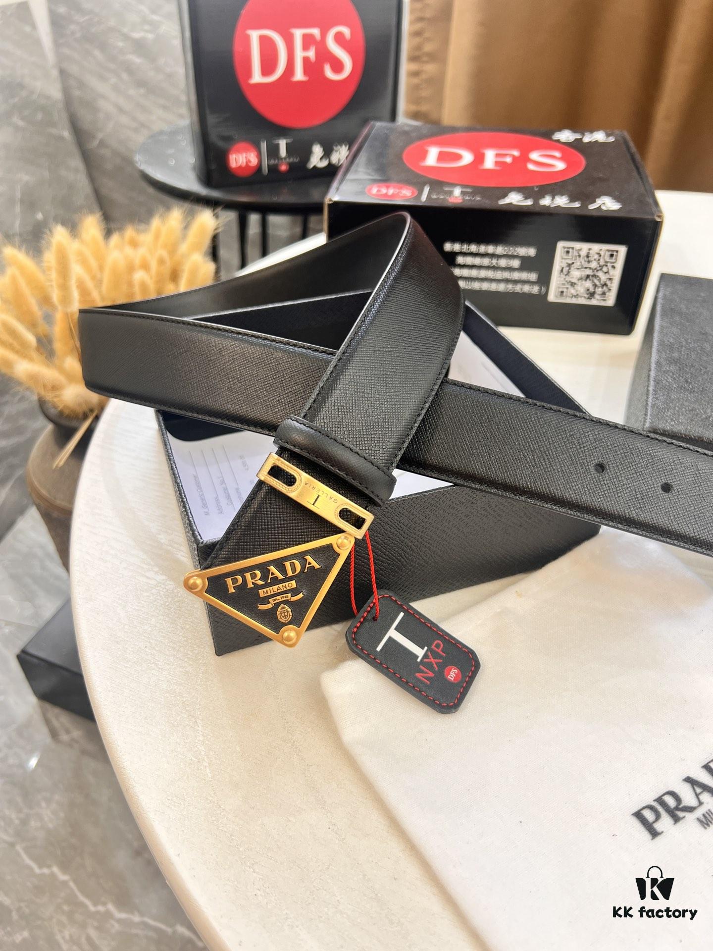 Prada Style Hong Kong Duty-Free Gift Box Leather Belt - Cross-Grain Calfskin with NXP Anti-Counterfeit Chip, Polished Metal Buckle, 3.5cm Width