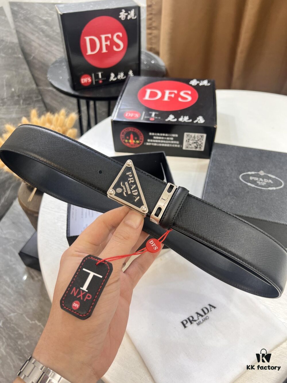 Prada Style Hong Kong Duty-Free Gift Box (NXP Tag with Anti-Counterfeit Chip, Official Website Verifiable), Square Buckle Men's Leather Belt, Crosshatch Calfskin