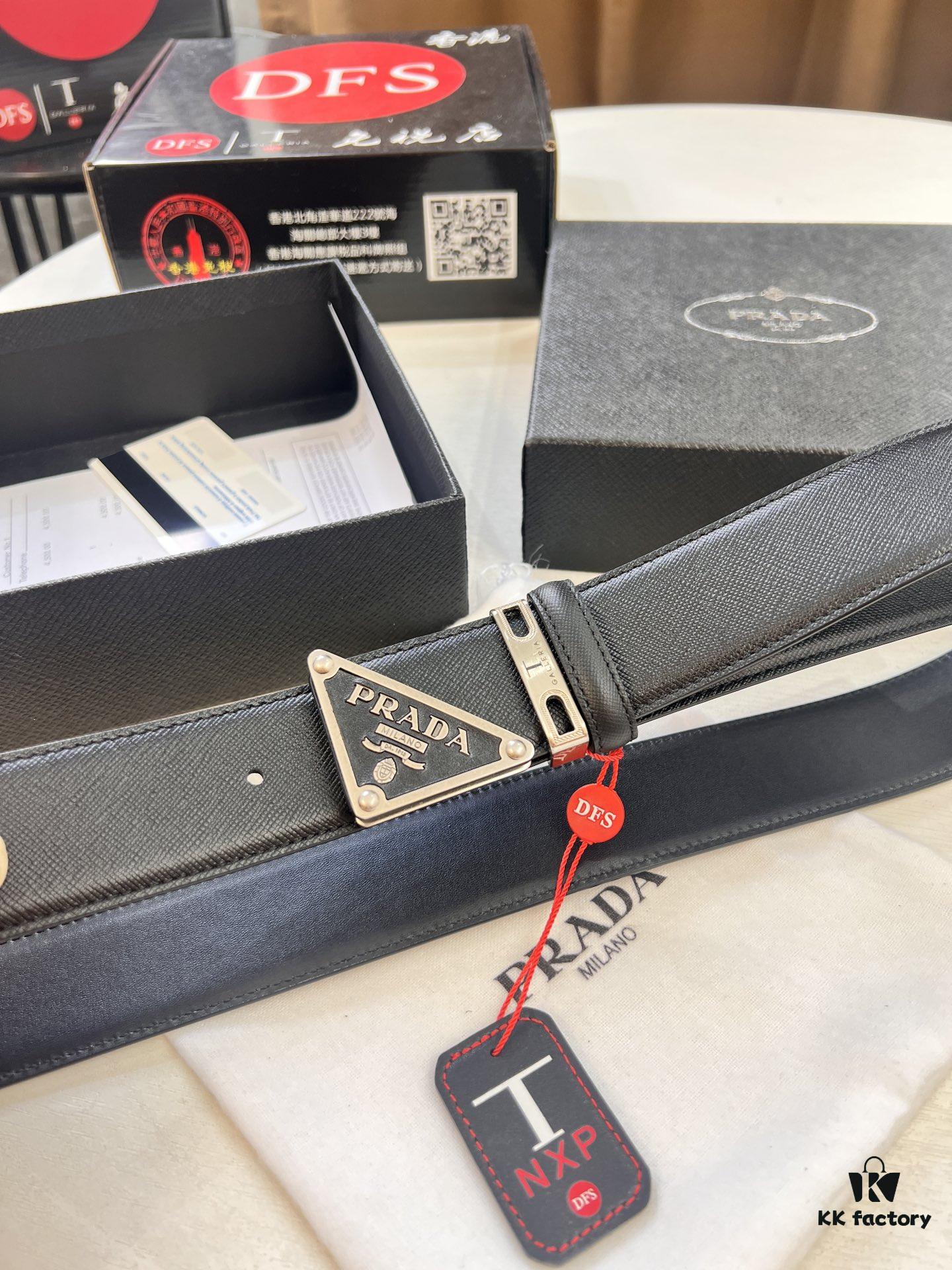 Prada Style Hong Kong Duty-Free Gift Box (NXP Tag with Official Website Recognition, Genuine Anti-Counterfeit Chip), Square Buckle Hardware, Electroplated and Polished Finish, Men's Popular Belt for Formal Wear