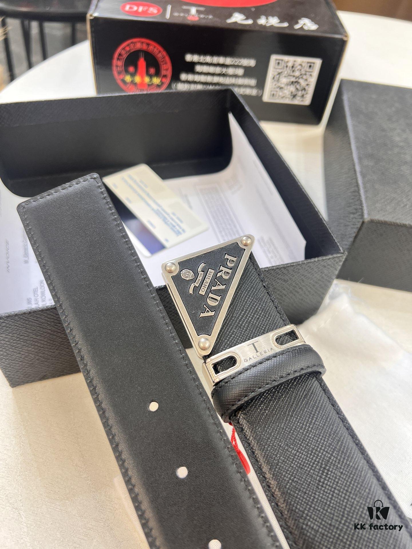 Prada Style Hong Kong Duty-Free Gift Box (NXP Tag with Official Website Recognition, Genuine Anti-Counterfeit Chip), Square Buckle Hardware, Electroplated and Polished Finish, Men's Popular Belt for Formal Wear