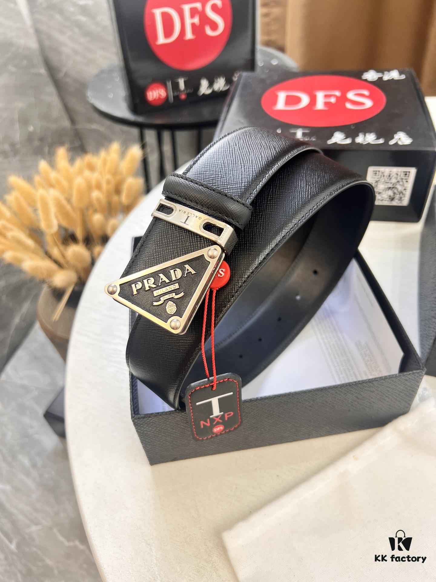 Prada Style Hong Kong Duty-Free Gift Box (NXP Tag with Official Website Recognition, Genuine Anti-Counterfeit Chip), Square Buckle Hardware, Electroplated and Polished Finish, Men's Popular Belt for Formal Wear