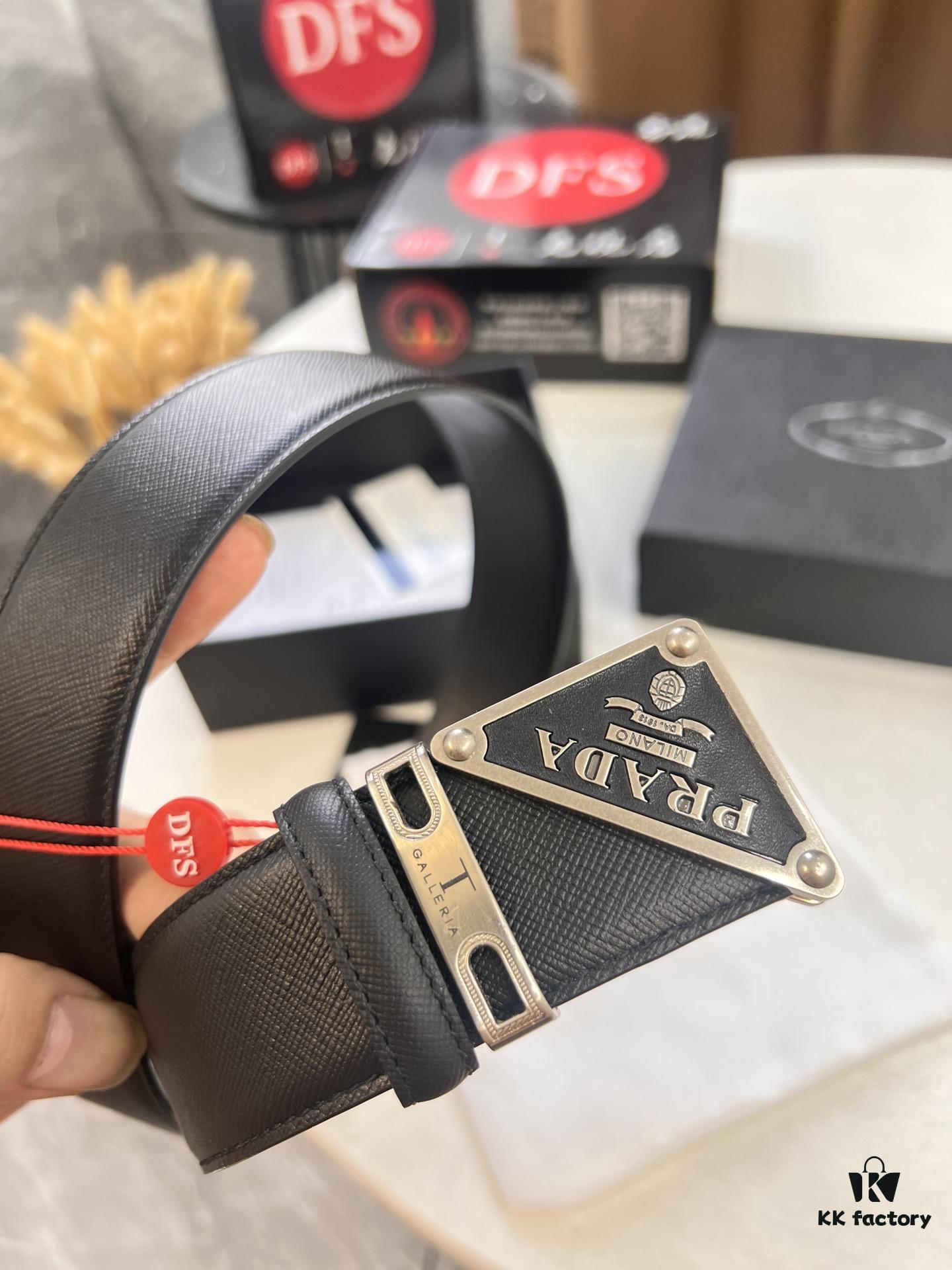Prada Style Hong Kong Duty-Free Gift Box (NXP Tag with Official Website Recognition, Genuine Anti-Counterfeit Chip), Square Buckle Hardware, Electroplated and Polished Finish, Men's Popular Belt for Formal Wear