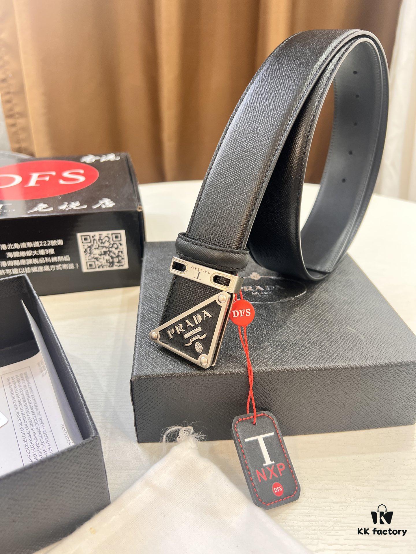 Prada Style Hong Kong Duty-Free Gift Box (NXP Tag with Official Website Recognition, Genuine Anti-Counterfeit Chip), Square Buckle Hardware, Electroplated and Polished Finish, Men's Popular Belt for Formal Wear