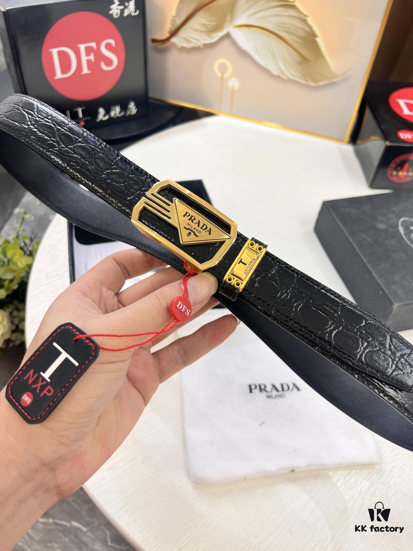 Prada Automatic Buckle Belt, Genuine Crocodile-Textured Top Layer Imported Leather, 3.5cm Width, Smooth Slide Track Closure