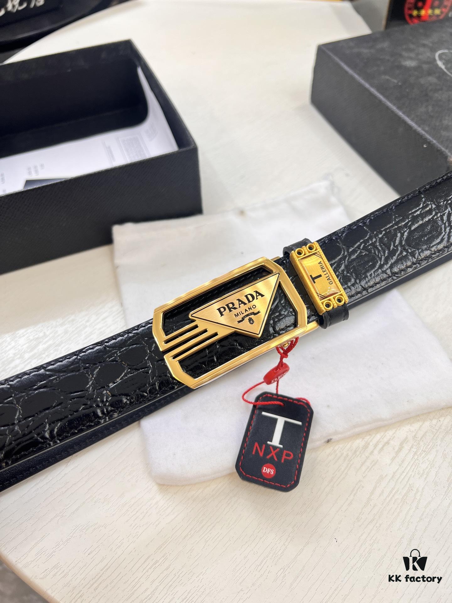 Prada Automatic Buckle Belt, Genuine Crocodile-Textured Top Layer Imported Leather, 3.5cm Width, Smooth Slide Track Closure