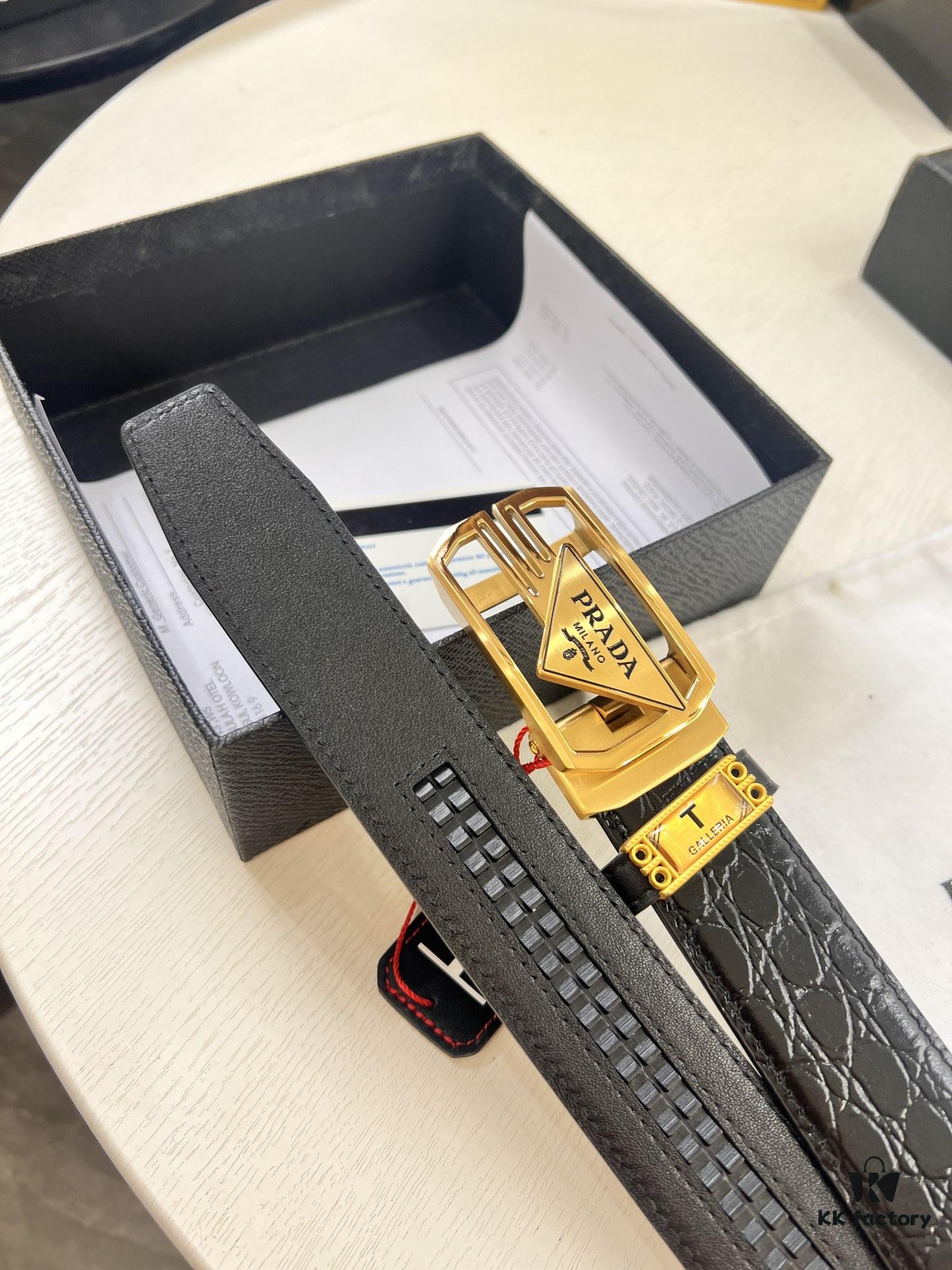 Prada Automatic Buckle Belt, Genuine Crocodile-Textured Top Layer Imported Leather, 3.5cm Width, Smooth Slide Track Closure