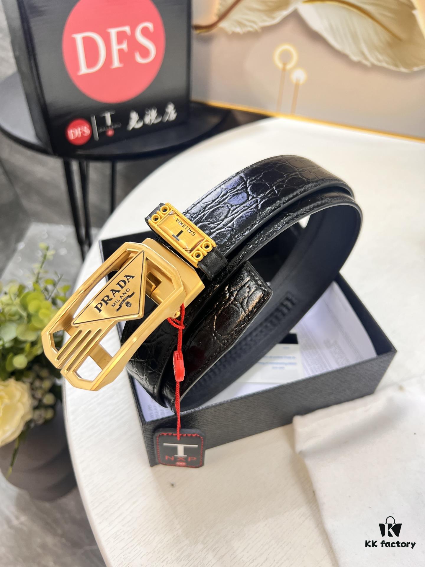 Prada Automatic Buckle Belt, Genuine Crocodile-Textured Top Layer Imported Leather, 3.5cm Width, Smooth Slide Track Closure