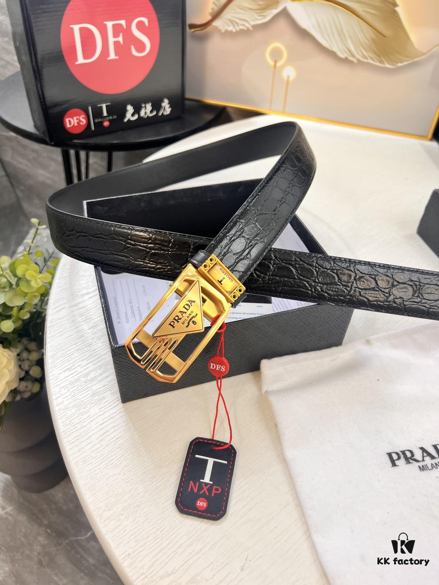 Prada Automatic Buckle Belt, Genuine Crocodile-Textured Top Layer Imported Leather, 3.5cm Width, Smooth Slide Track Closure