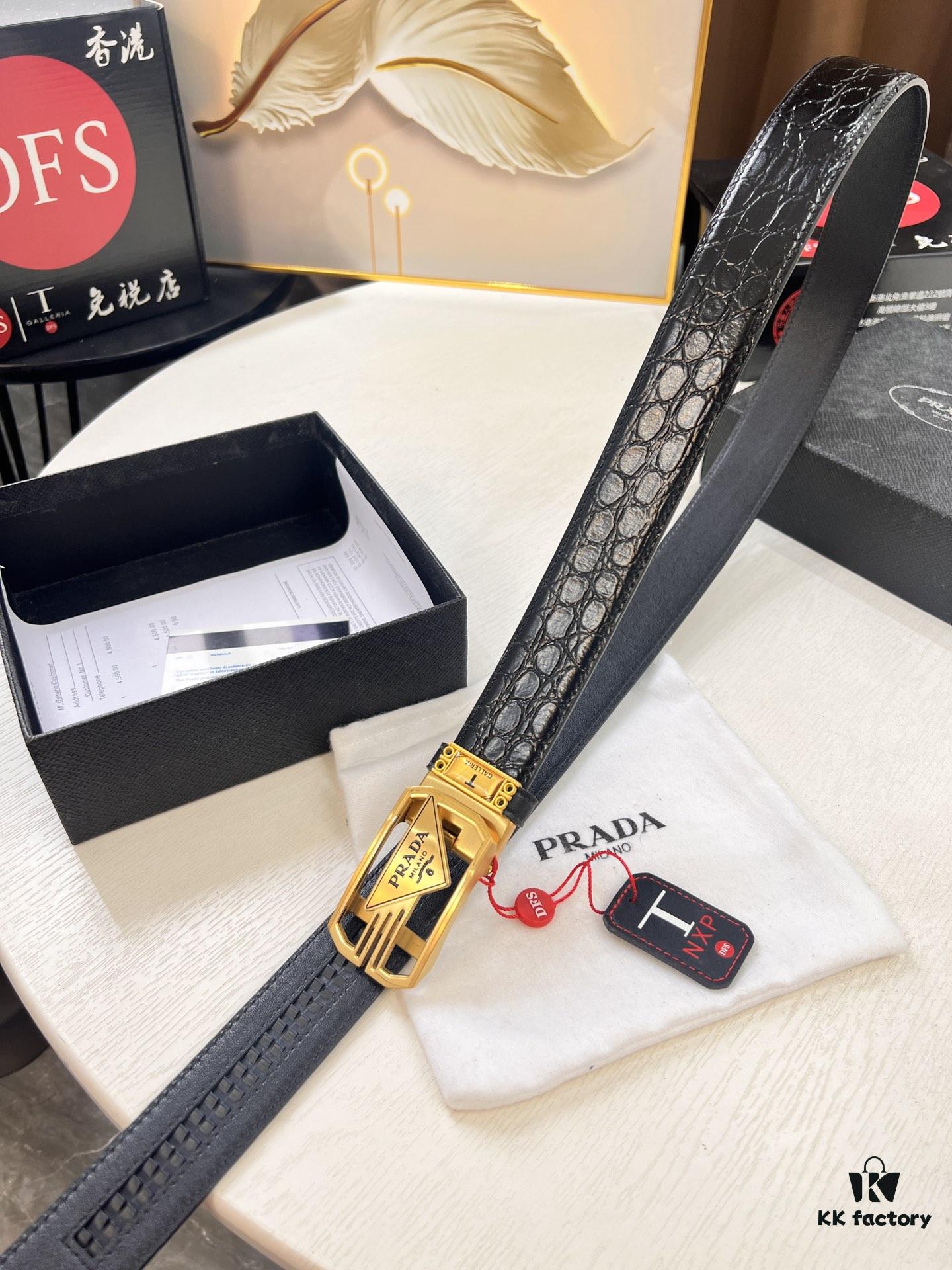 Prada Automatic Buckle Belt, Genuine Crocodile-Textured Top Layer Imported Leather, 3.5cm Width, Smooth Slide Track Closure