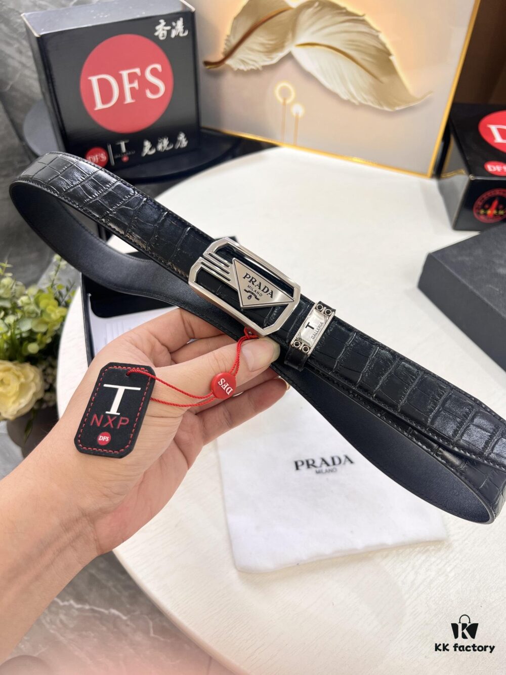 Prada Automatic Buckle Belt, Premium Crocodile-Textured Top Layer Imported Leather, 3.5cm Width, Smooth Slide Closure, Polished Black Coated Stainless Steel Hardware