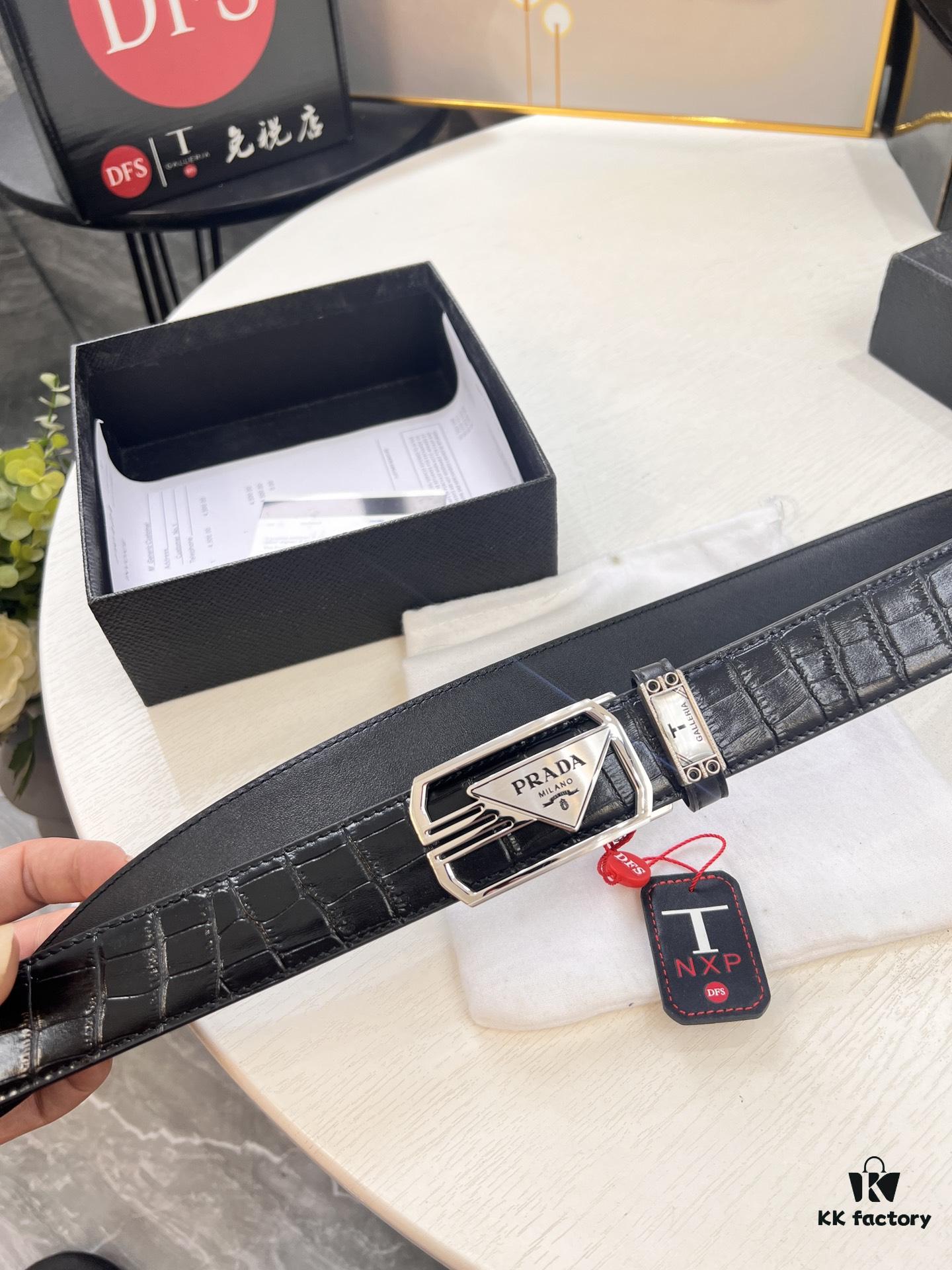 Prada Automatic Buckle Belt, Premium Crocodile-Textured Top Layer Imported Leather, 3.5cm Width, Smooth Slide Closure, Polished Black Coated Stainless Steel Hardware