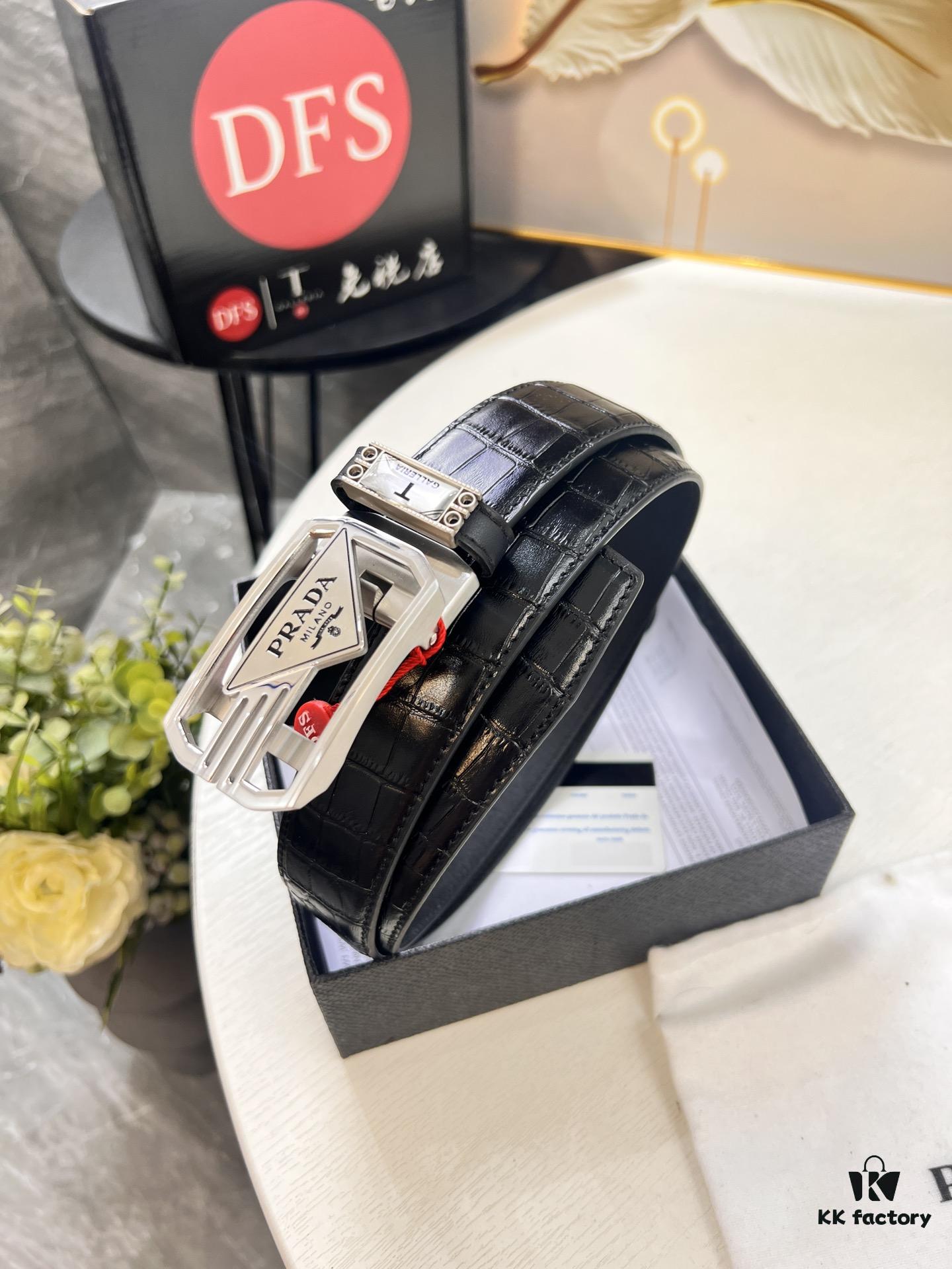 Prada Automatic Buckle Belt, Premium Crocodile-Textured Top Layer Imported Leather, 3.5cm Width, Smooth Slide Closure, Polished Black Coated Stainless Steel Hardware