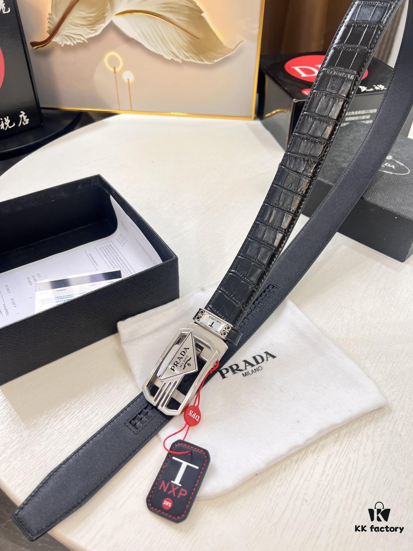 Prada Automatic Buckle Belt, Premium Crocodile-Textured Top Layer Imported Leather, 3.5cm Width, Smooth Slide Closure, Polished Black Coated Stainless Steel Hardware