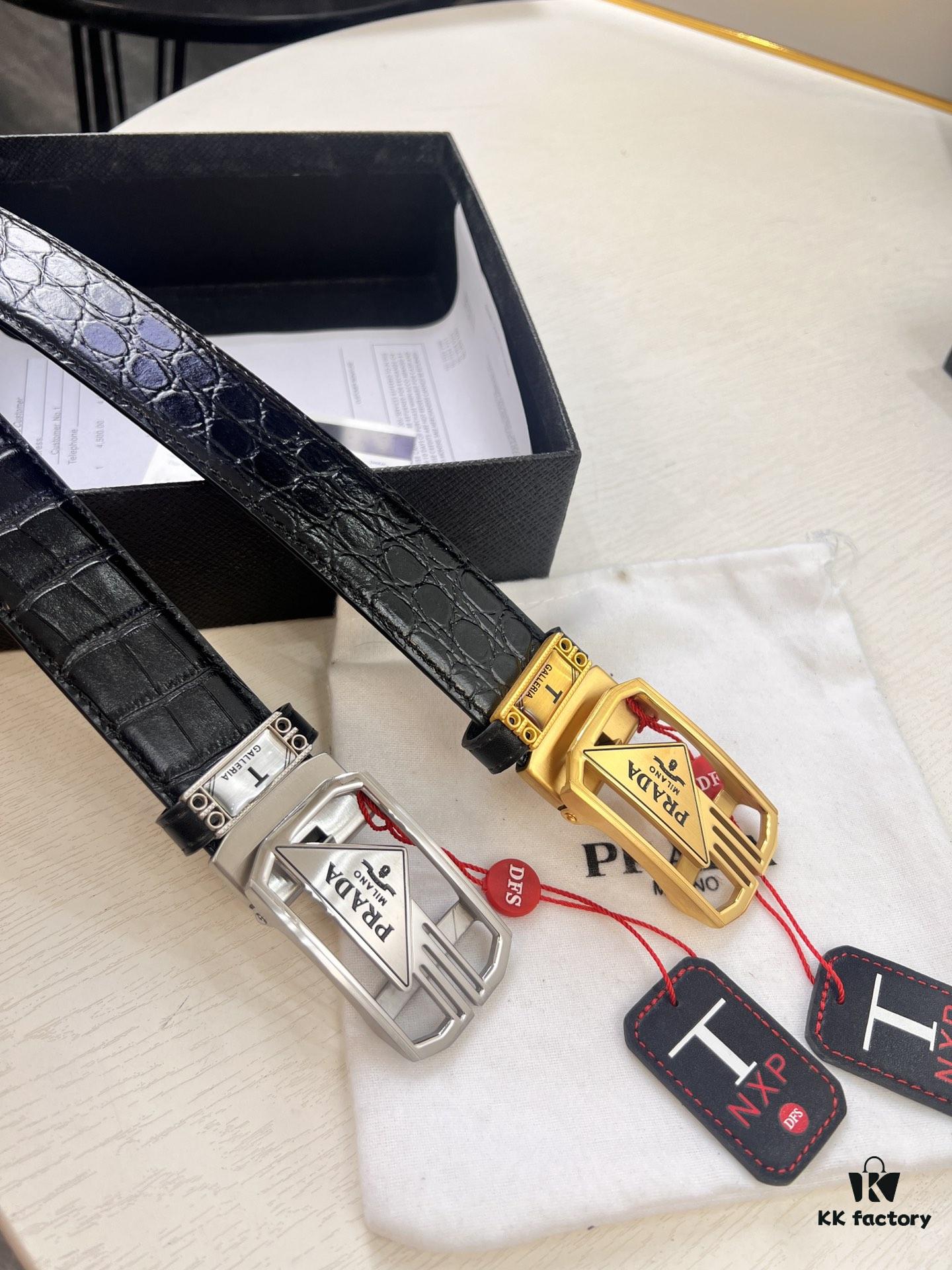Prada Automatic Buckle Belt, Premium Crocodile-Textured Top Layer Imported Leather, 3.5cm Width, Smooth Slide Closure, Polished Black Coated Stainless Steel Hardware